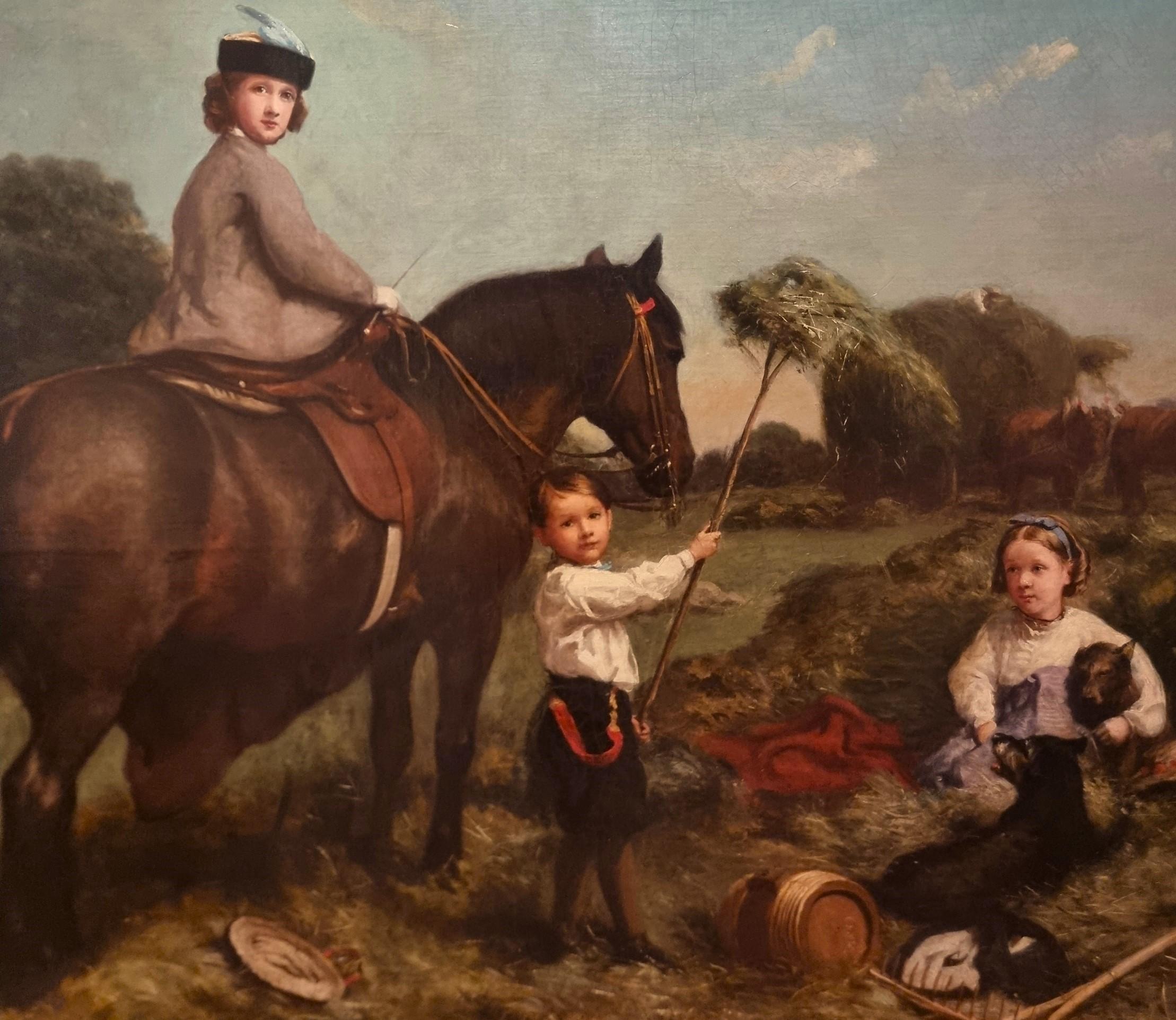 Olio su tela 800 paesaggio con dama a cavallo e fanciulli-Charles James 1851-190 In condizioni ottime in vendita a Villa Verucchio, Emilia-Romagna