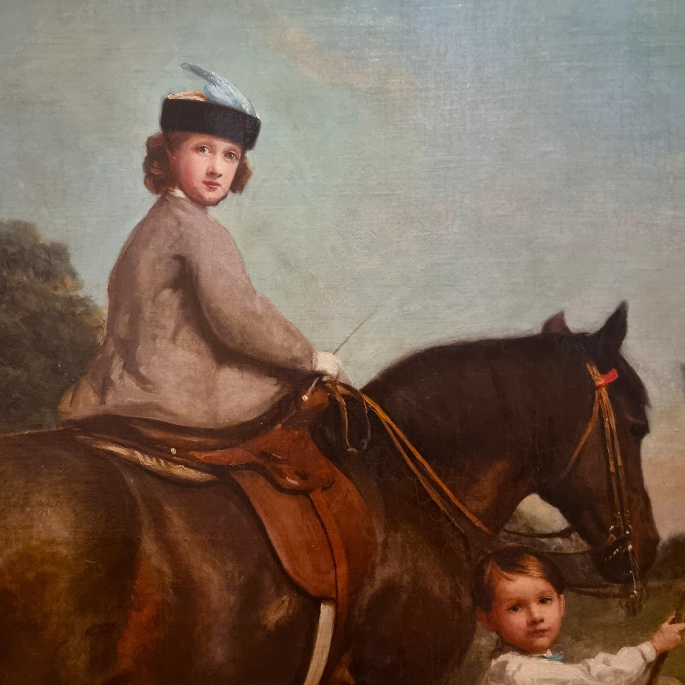 19th Century Olio su tela 800 paesaggio con dama a cavallo e fanciulli-Charles James 1851-190 in vendita