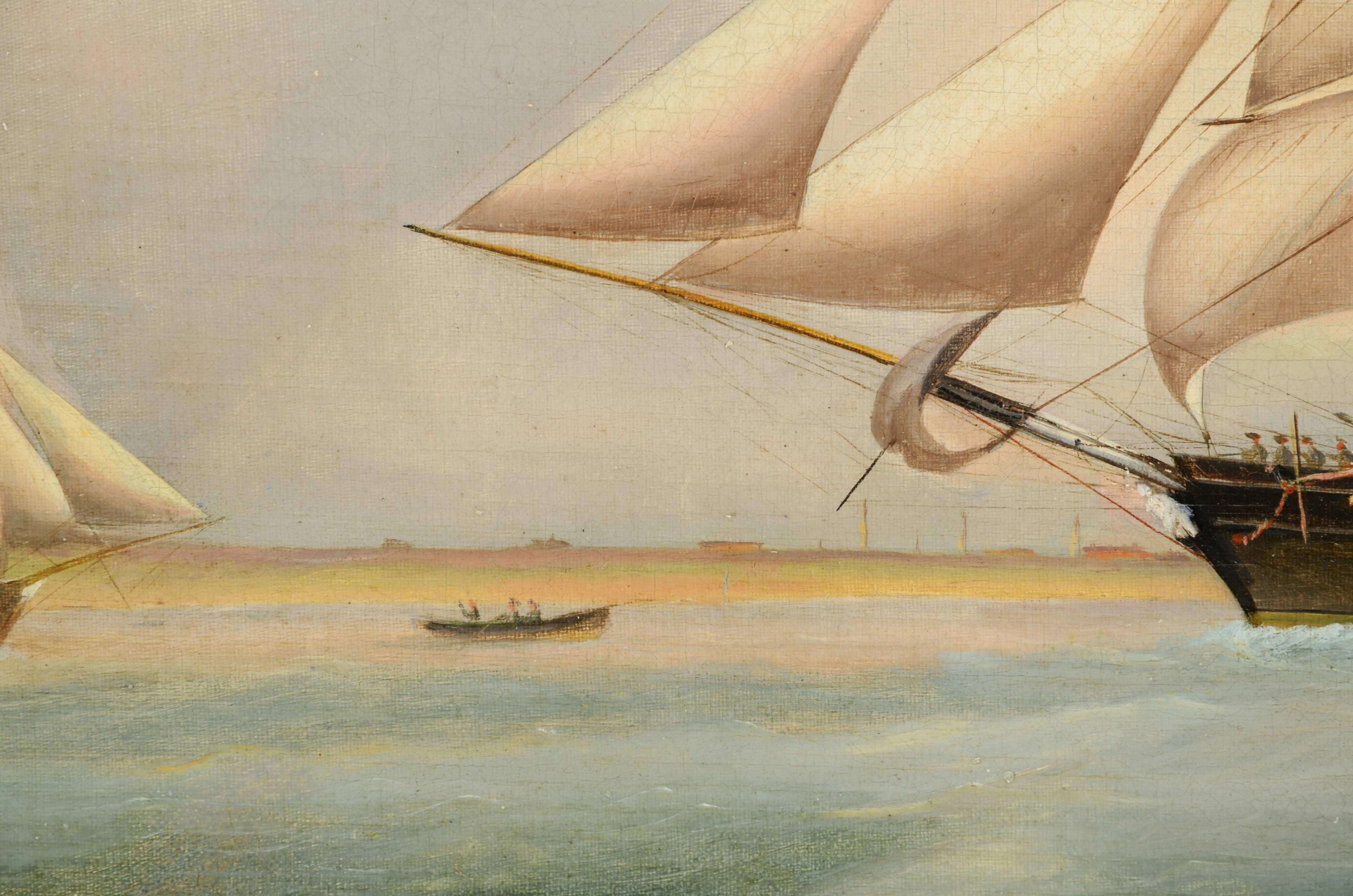 Huile sur toile, portrait ancien d'un navire de la première moitié du 19e siècle. en vente 6