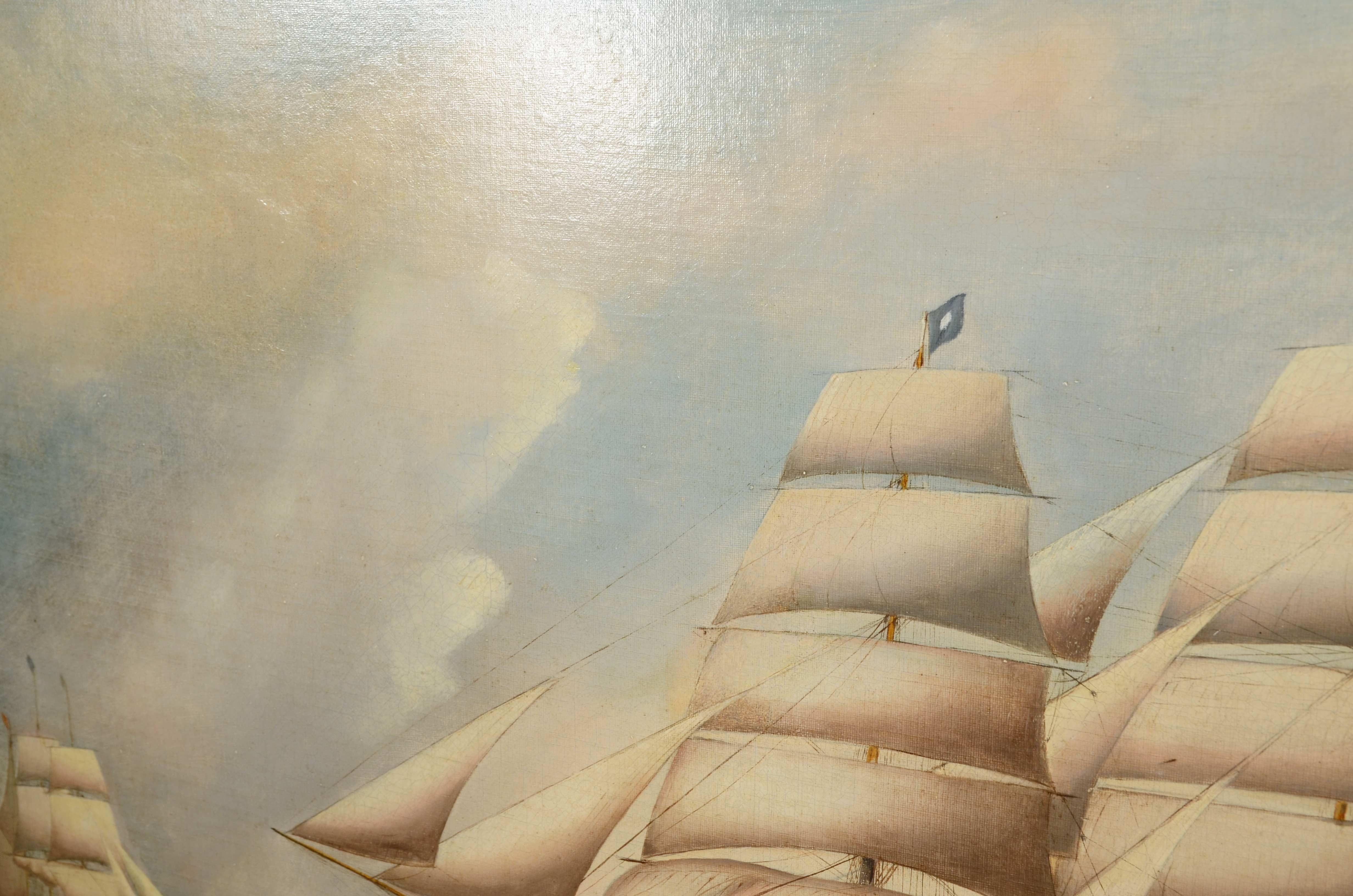 Oil on canvas, antique portrait of a ship dating from the first half of the 19th century. For Sale 7