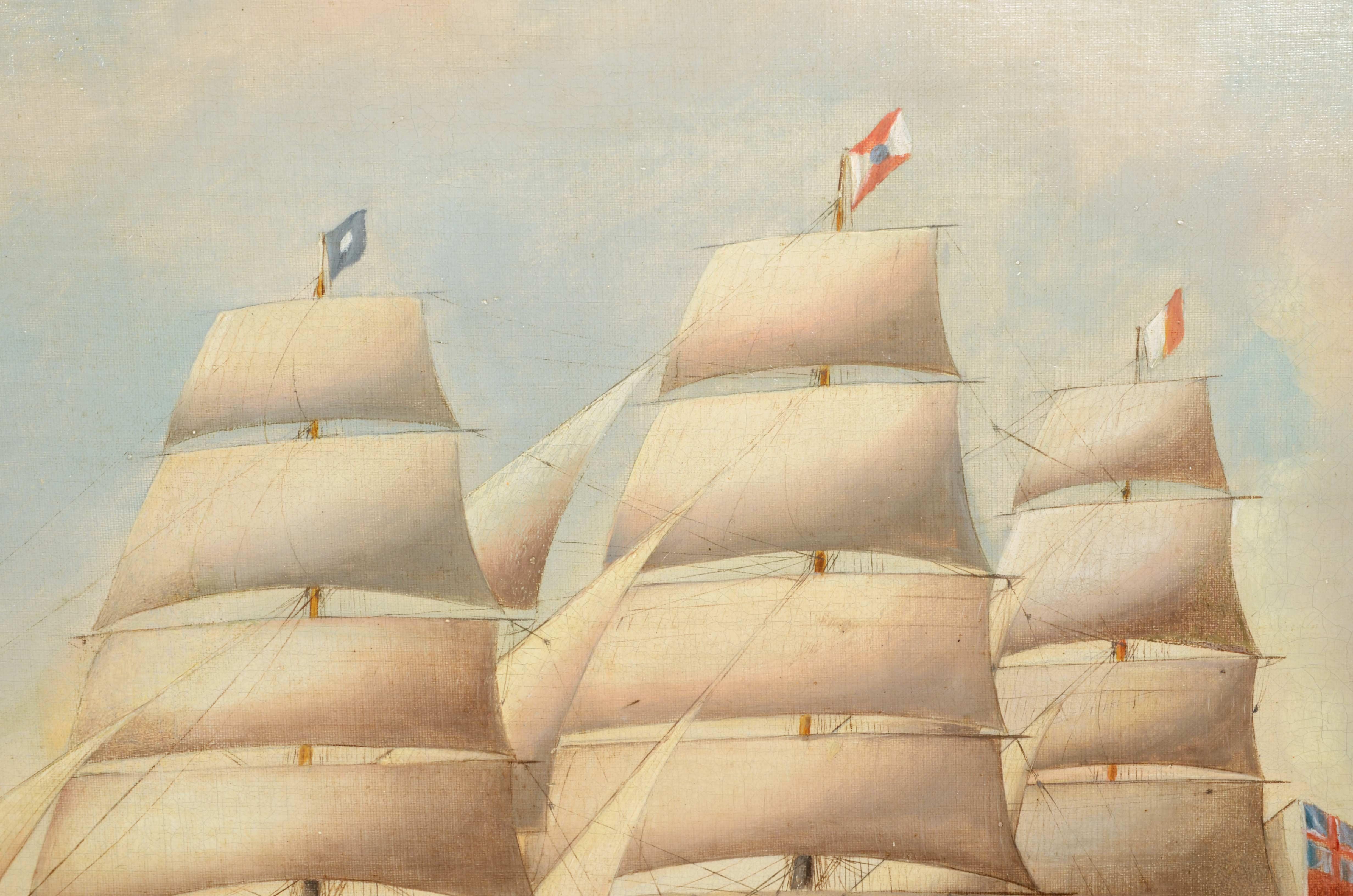 Early 19th Century Oil on canvas, antique portrait of a ship dating from the first half of the 19th century. For Sale