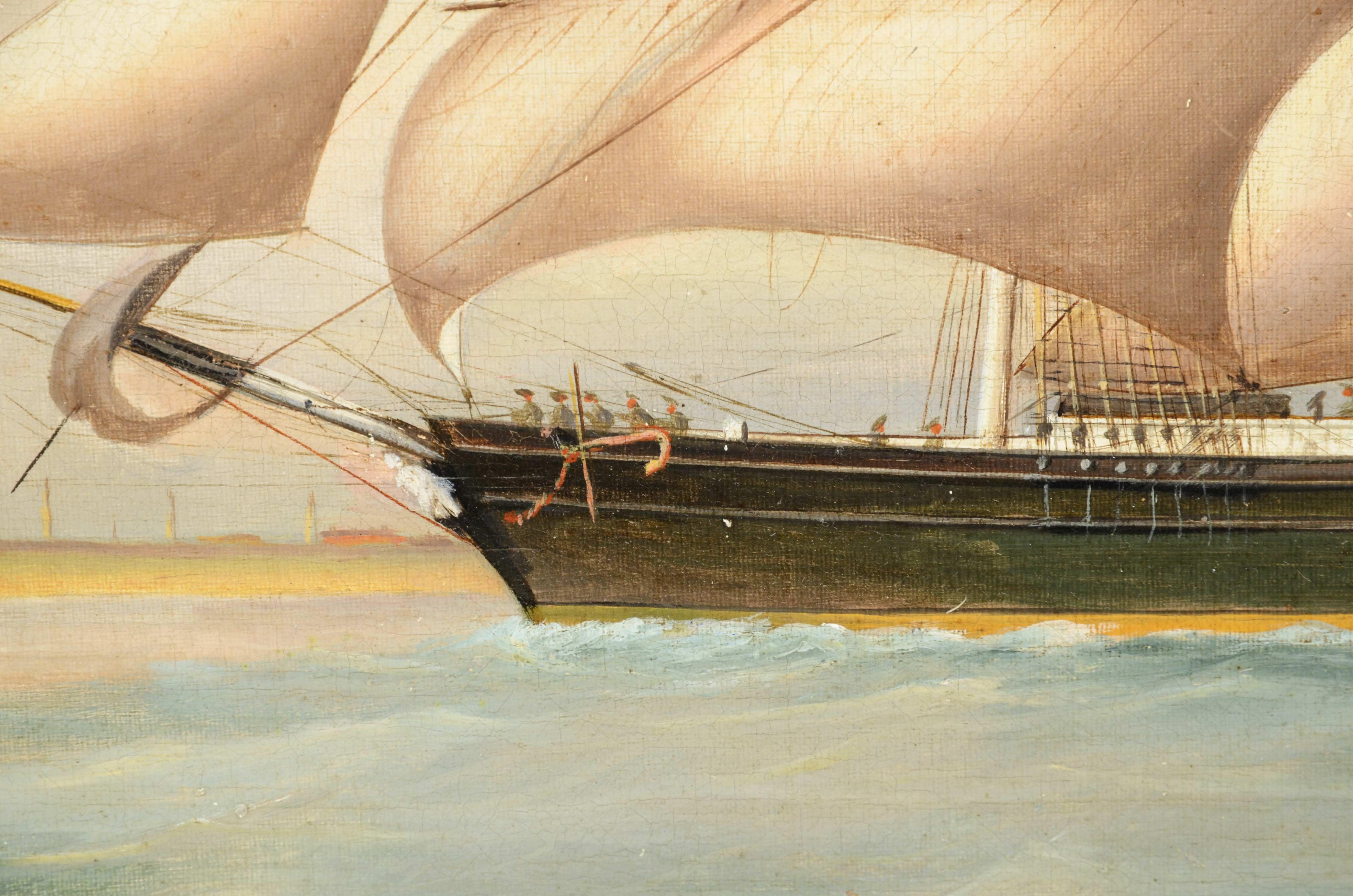 Canvas Oil on canvas, antique portrait of a ship dating from the first half of the 19th century. For Sale