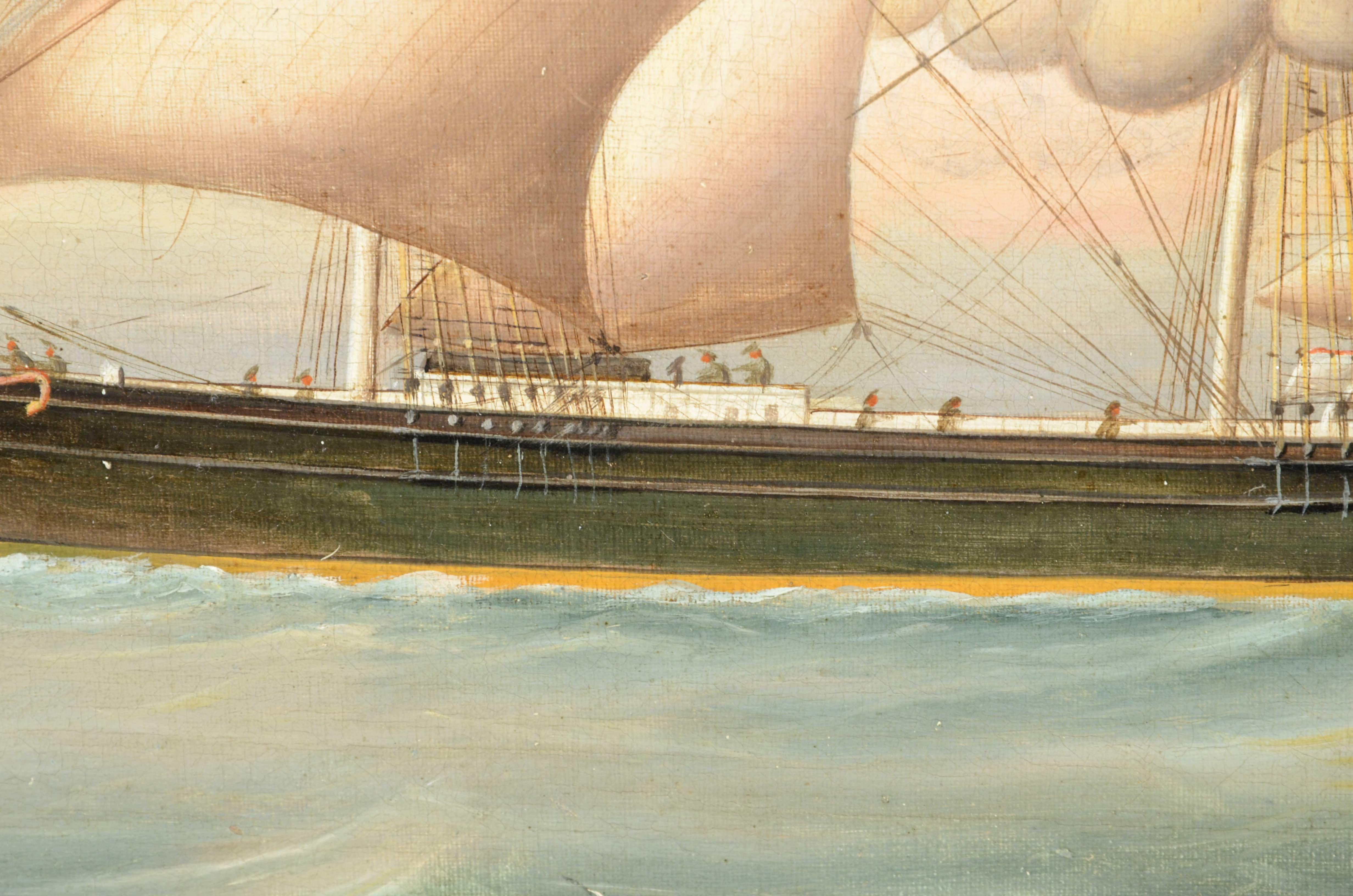 Oil on canvas, antique portrait of a ship dating from the first half of the 19th century. For Sale 1