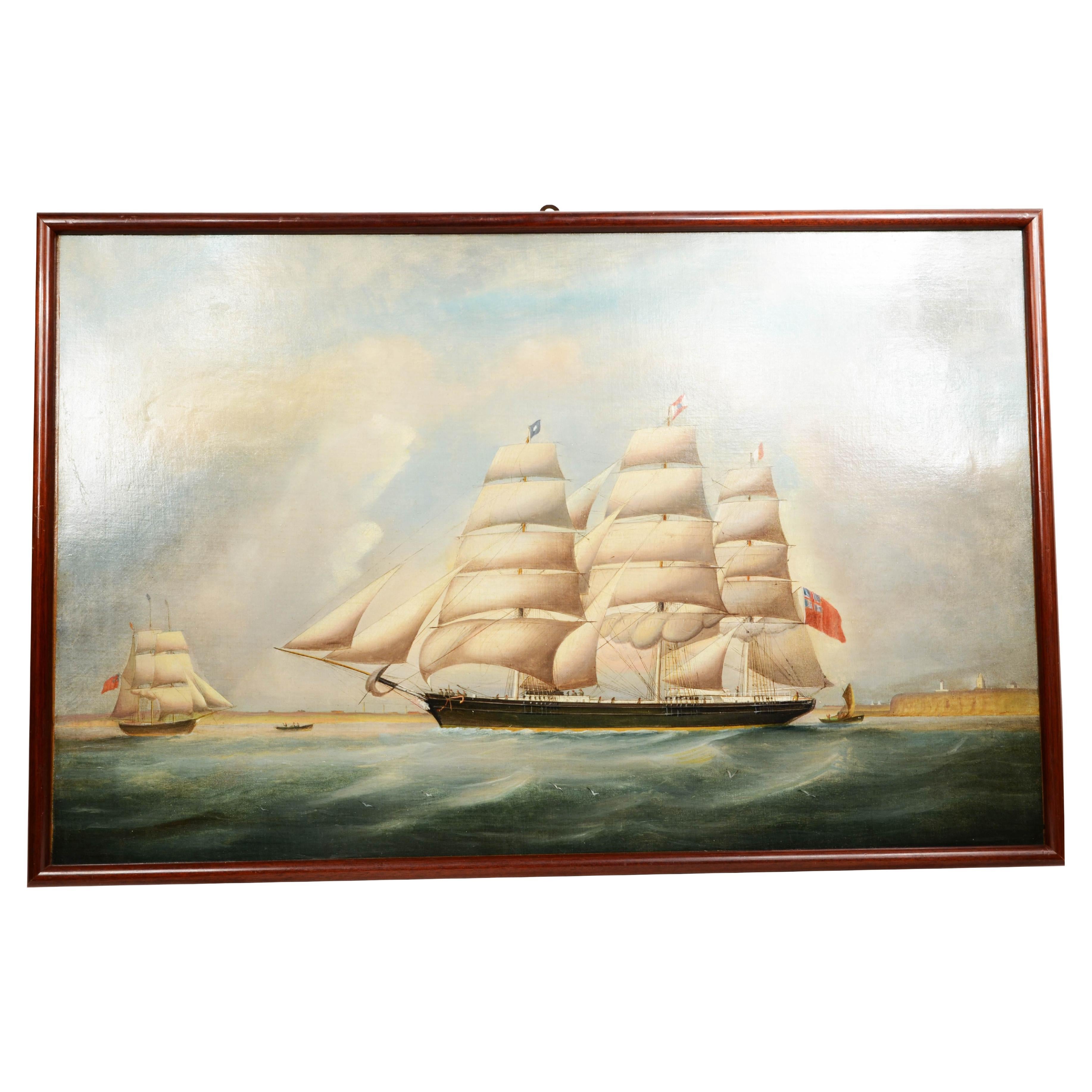 Huile sur toile, portrait ancien d'un navire de la première moitié du 19e siècle. en vente