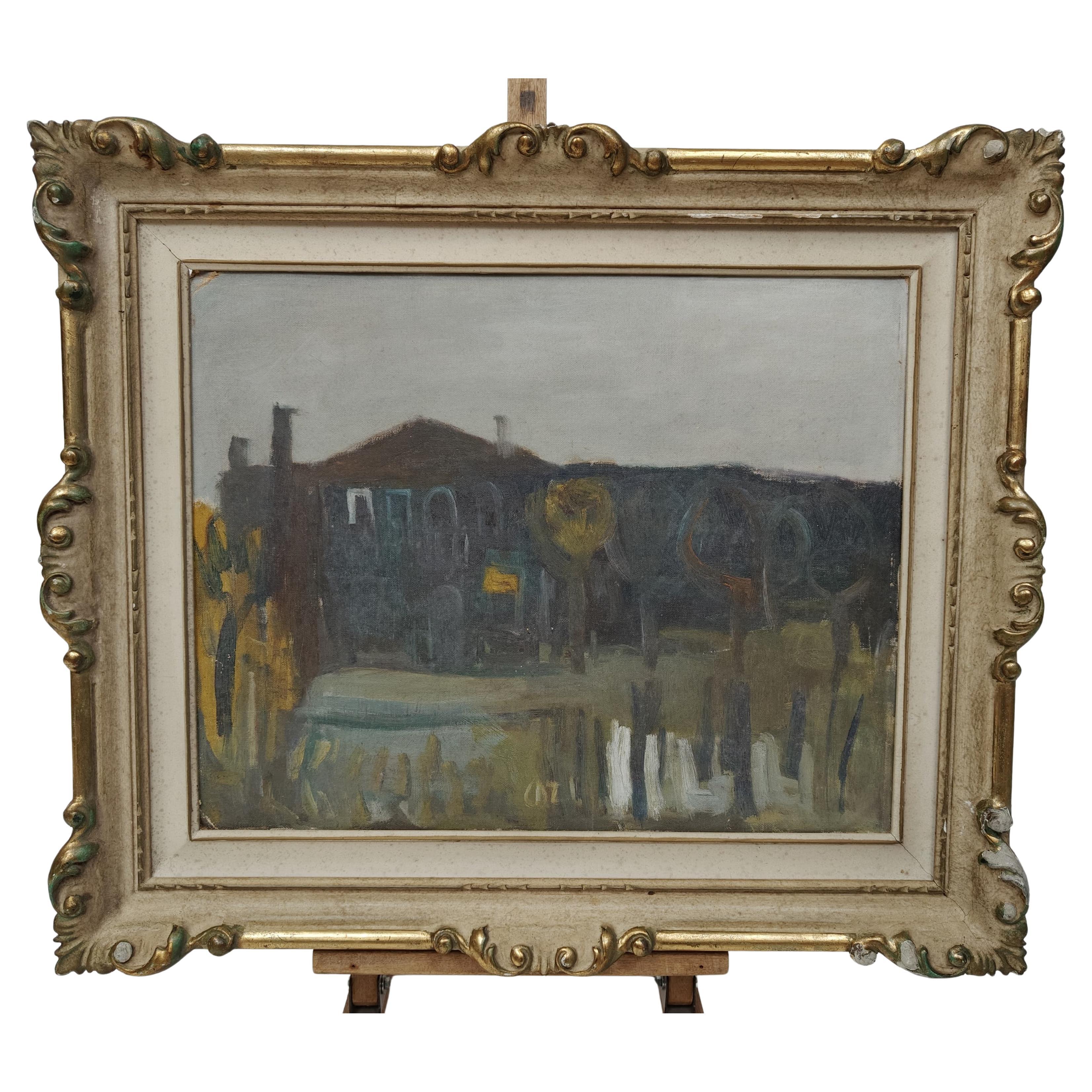 Olio su tela "Casa di campagna" di Carlo Dalla Zorza - 1945, Italia