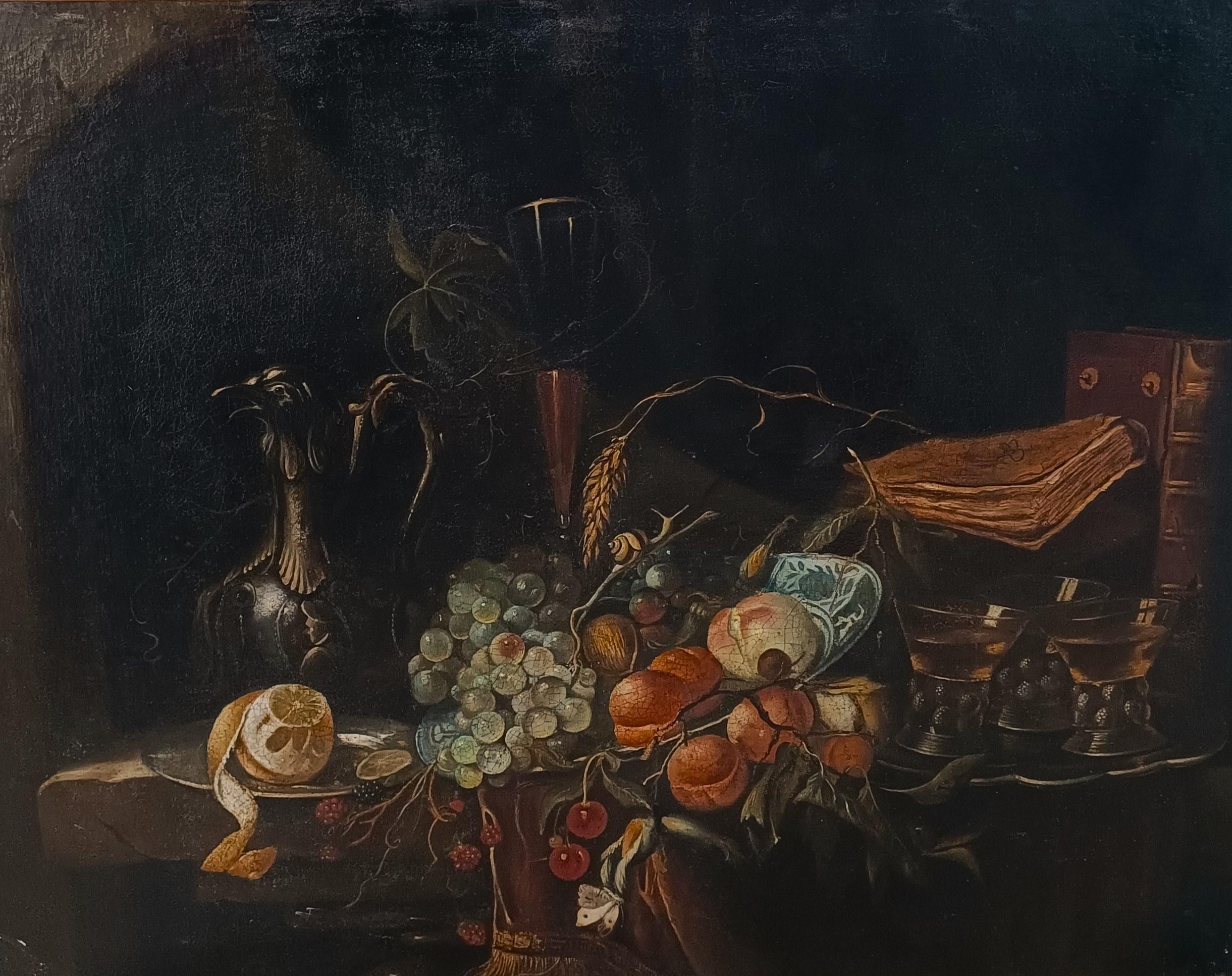19th Century Flemish Oil on Canvas, 1800s: Still Life with Fruit For Sale