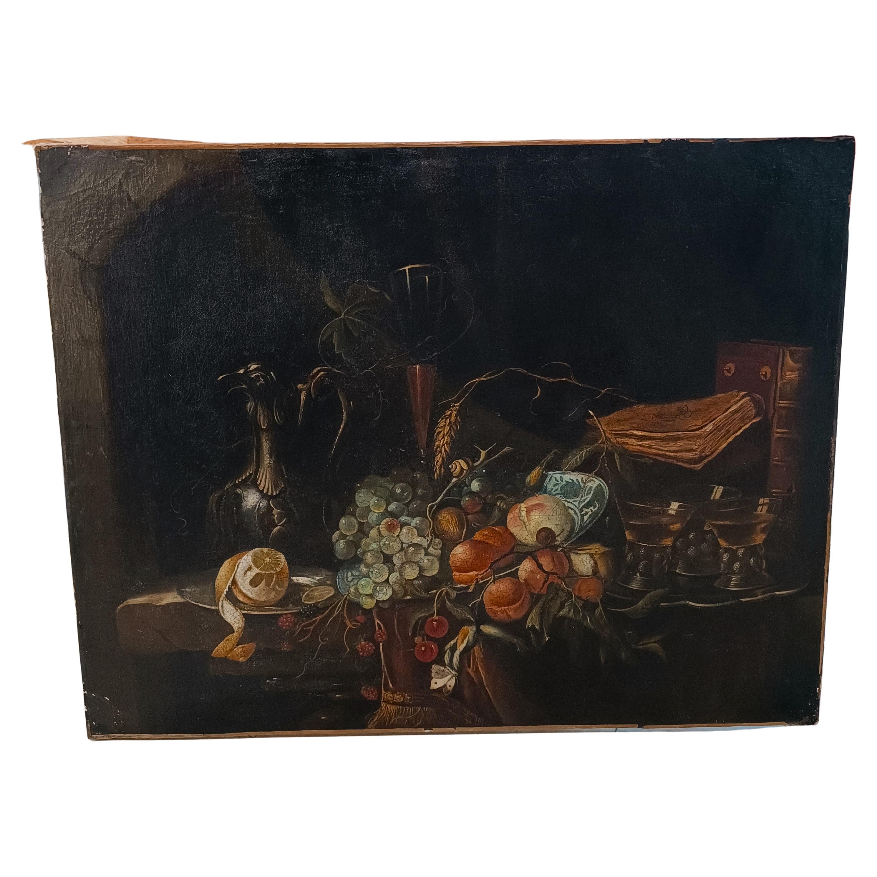Flemish Oil on Canvas, 1800s: Still Life with Fruit
