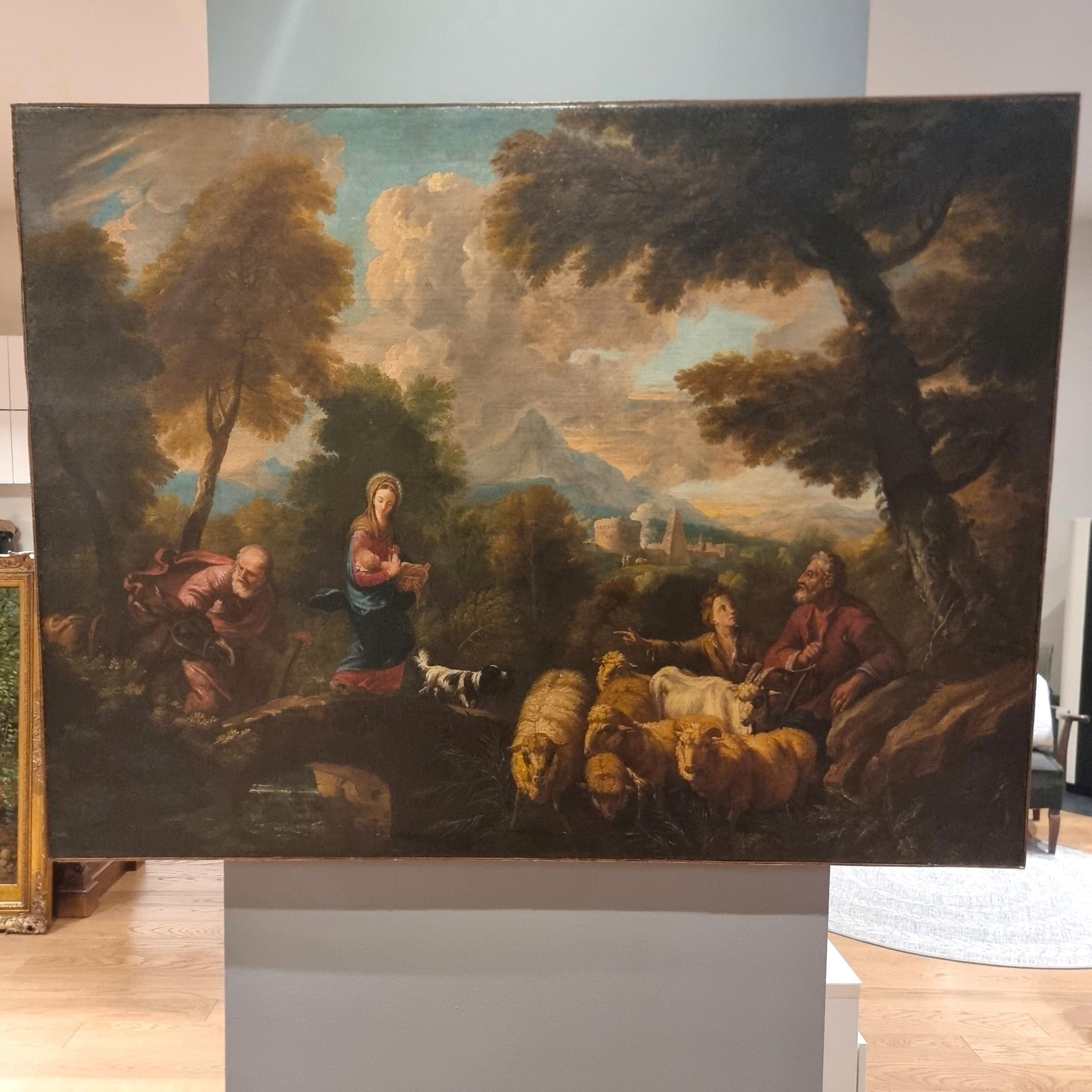 Öl auf Leinwand Ende des 17. Jahrhunderts Flucht aus Ägypten von Philipp Peter Roos (1657-1706)

Ein Meisterwerk der Barockkunst von großem Wert, angeboten in ausgezeichnetem Gesamtzustand, frisch gereinigt von Rauch in unserer Werkstatt (siehe