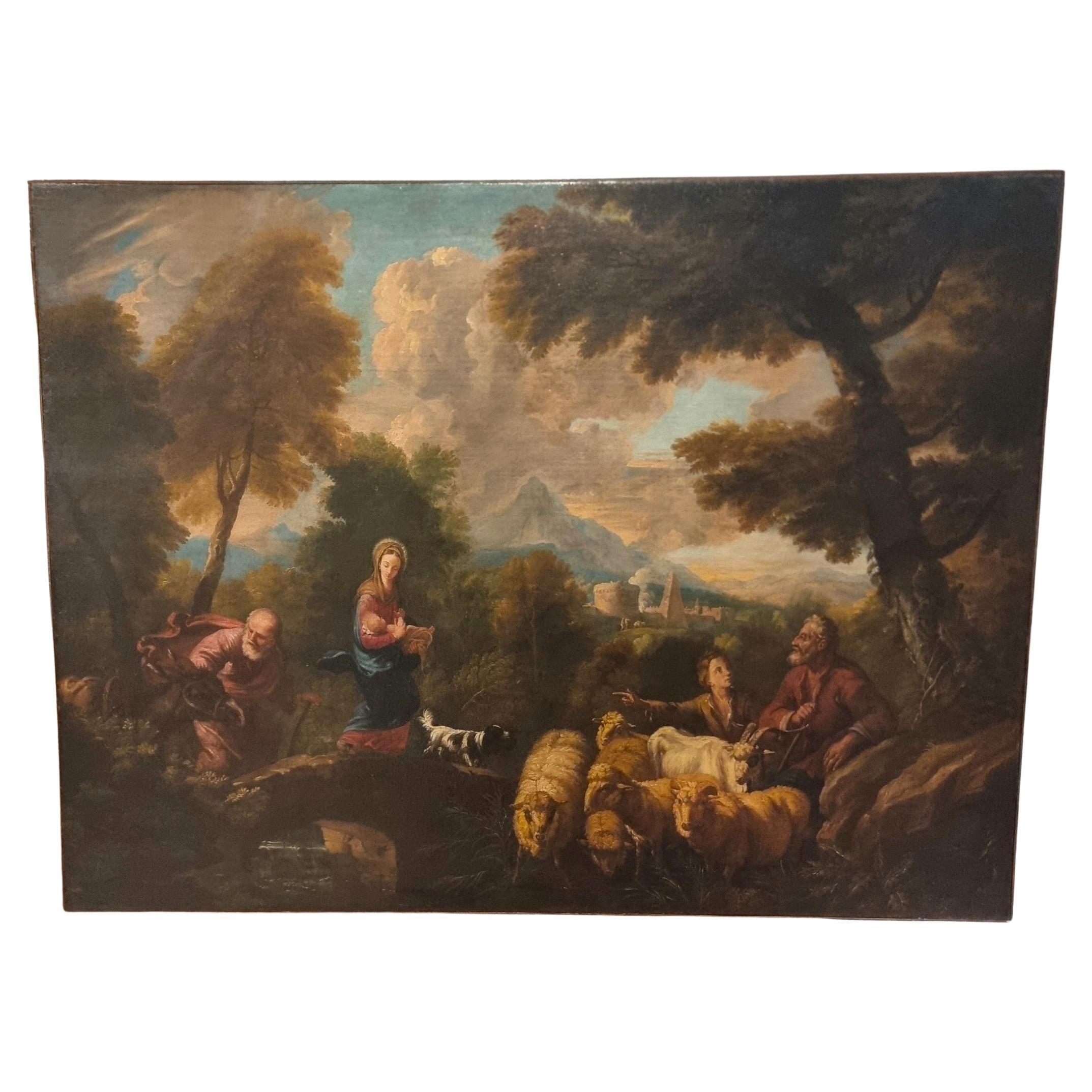 Öl auf Leinwand Ende des 17. Jahrhunderts Flucht aus Ägypten von Philipp Peter Roos 1657-1706 im Angebot