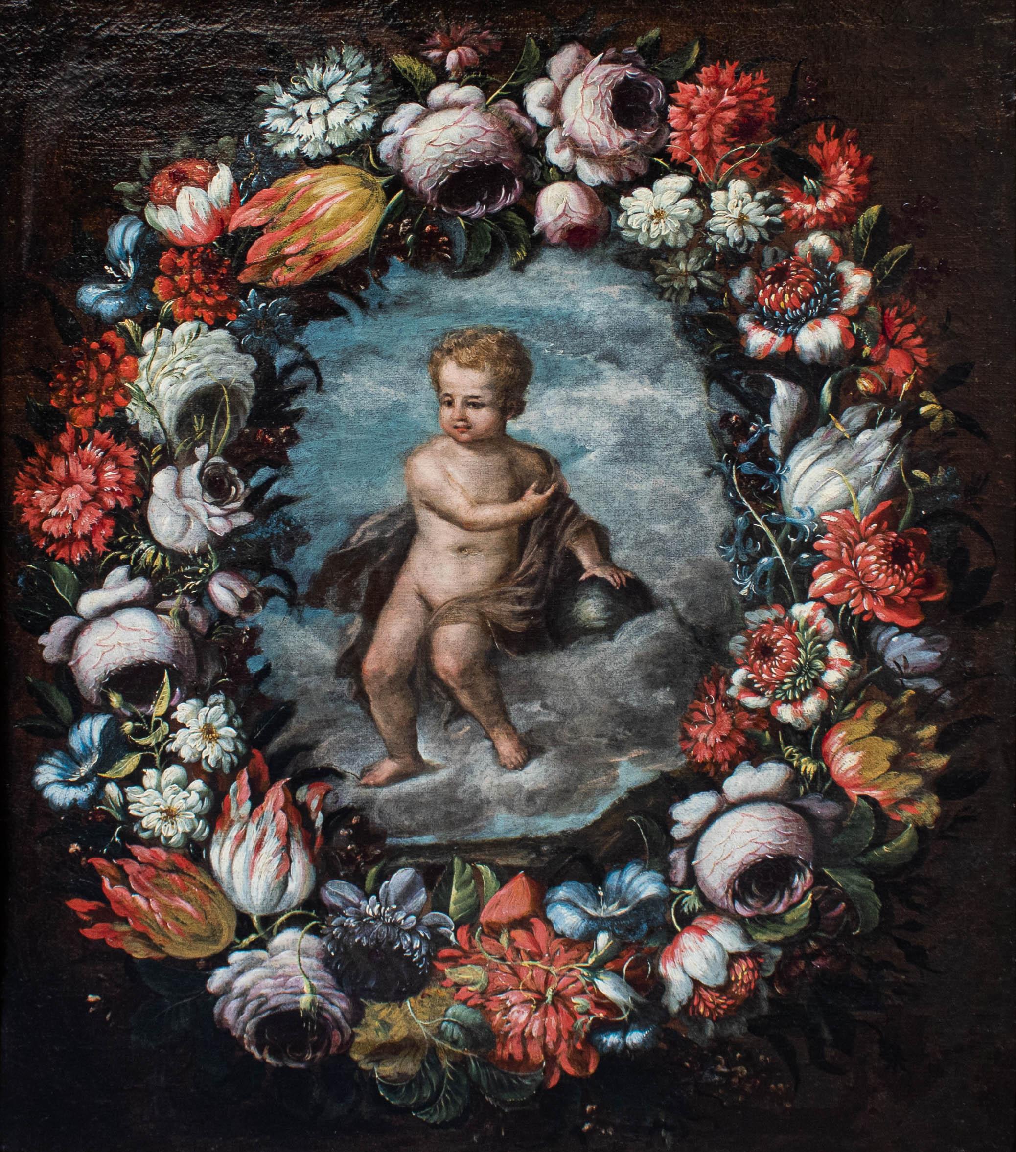 Lombard School, 17th century

Christ child with globe within garland of flowers

Oil on canvas, 72 x 61 cm 

Framed 90, 5 x 80

The present painting, framed by a sumptuous antique frame, depicts the figure of the Christ Child with the globe within a