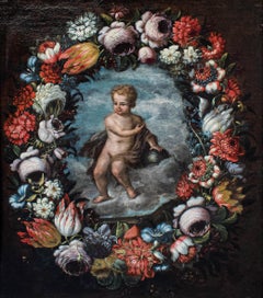 Huile sur toile Enfant Jésus dans une guirlande de fleurs 18e siècle