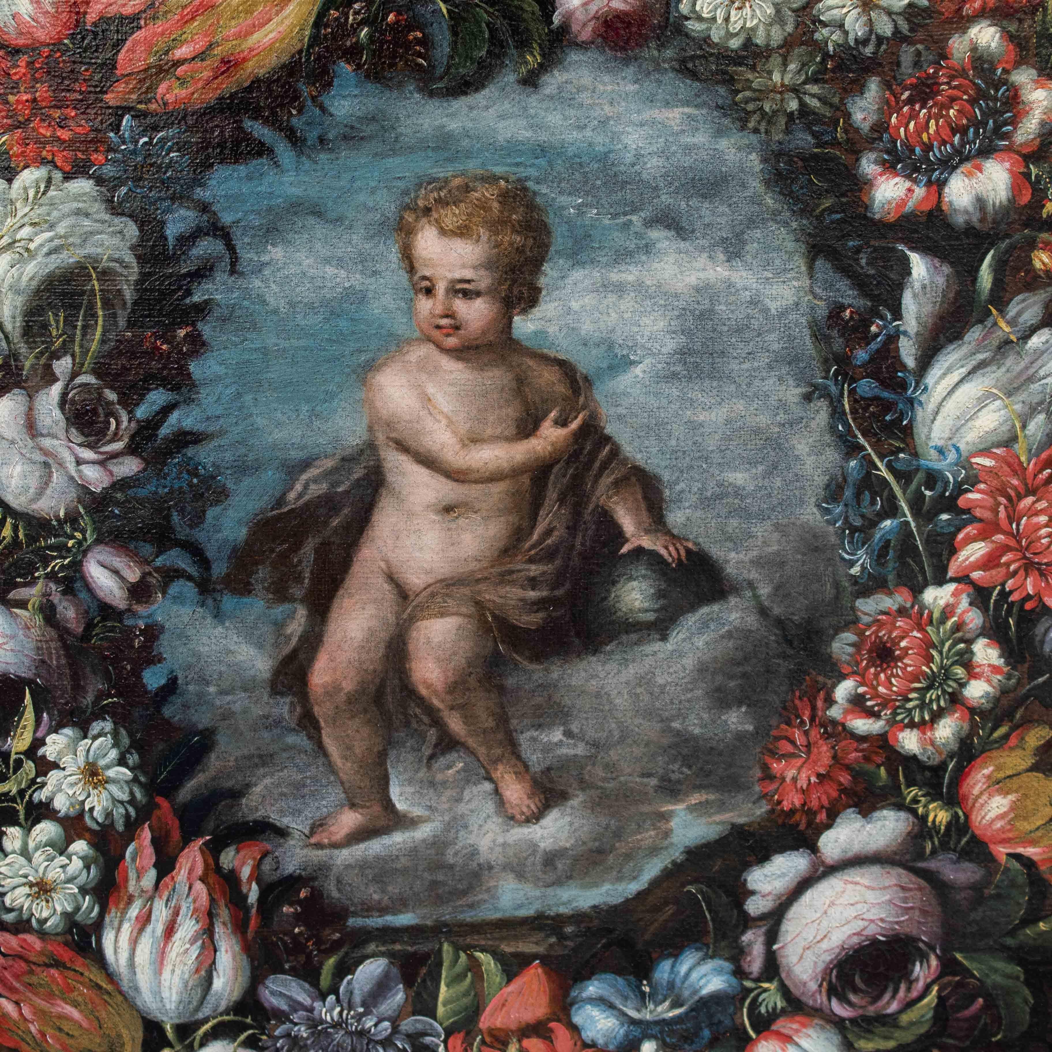 Oil on canvas Jesus child within garland of flowers 18th century In Good Condition For Sale In Milan, IT
