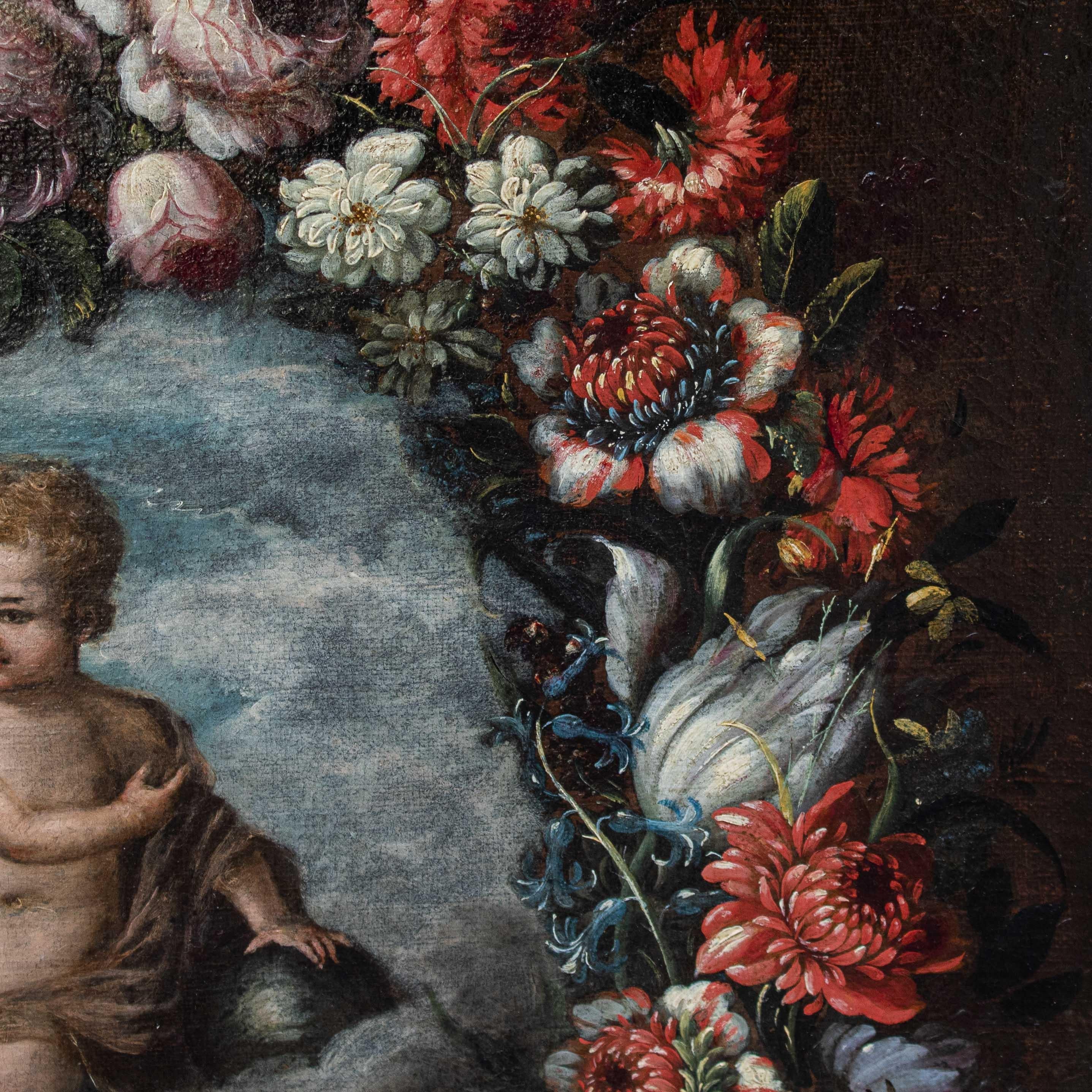 Oil on canvas Jesus child within garland of flowers 18th century In Good Condition For Sale In Milan, IT