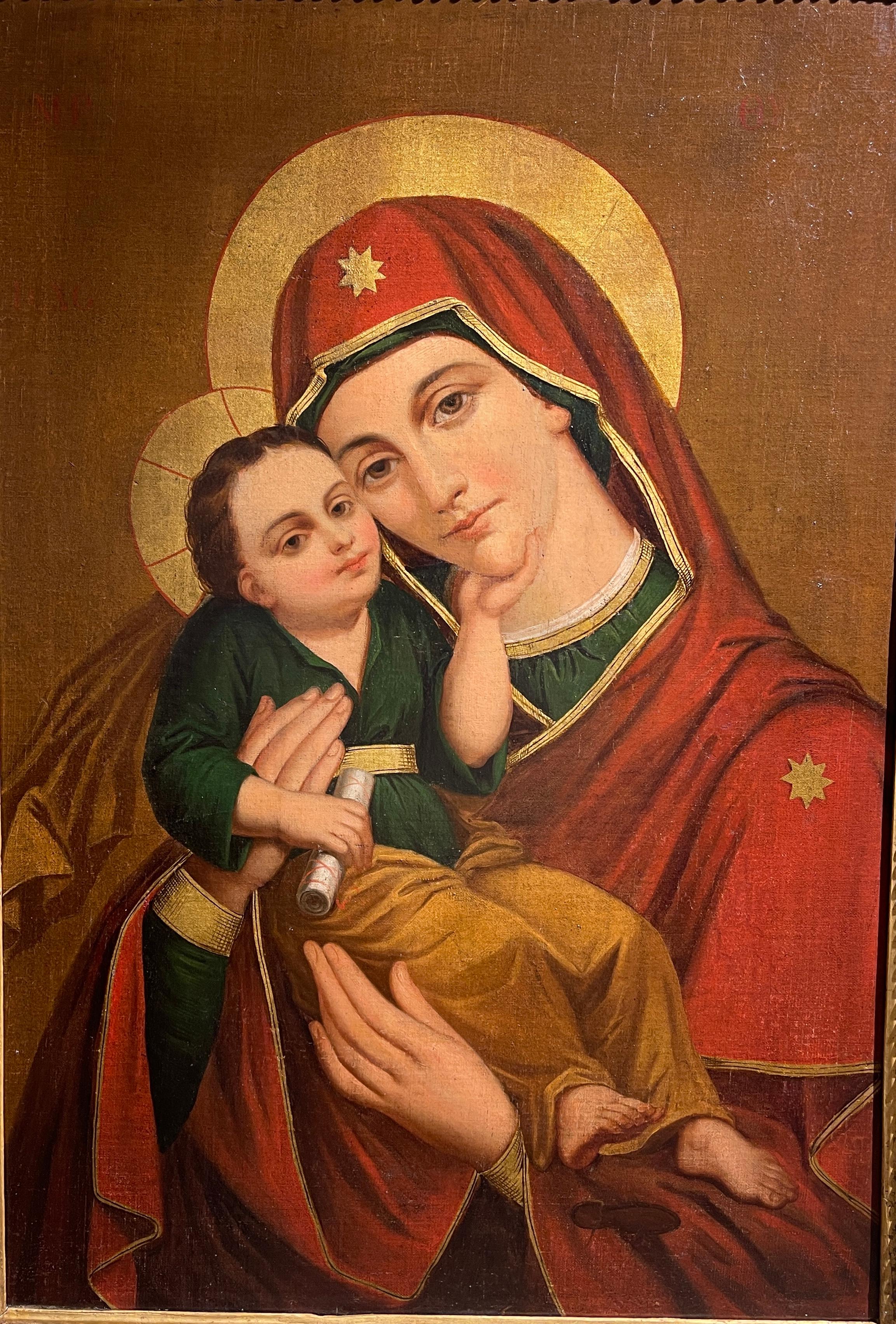 Un dipinto che rimanda alla Madonna Eleusa, detta anche “Madre di Dio della Tenerezza”, che mostra un innegabile sentimento di affetto e tenerezza tra madre e figlio. Ne esistono di diverse varianti e l’immagine qui presentata mostra: Maria che