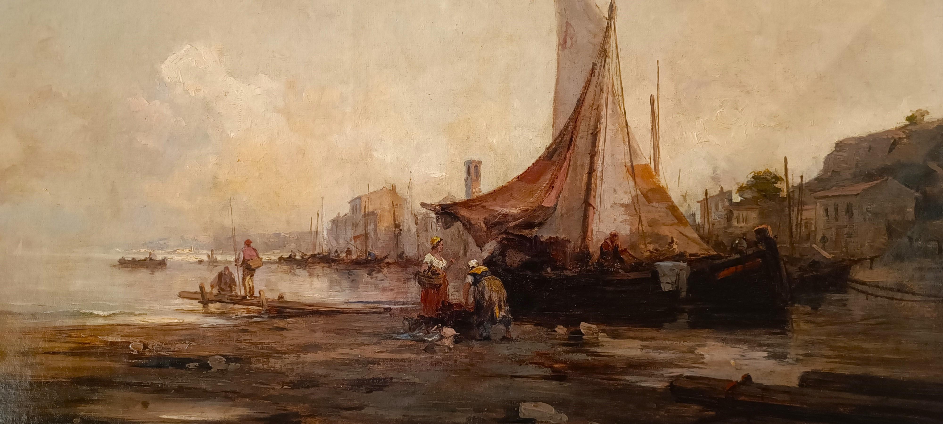 Oil on canvas Marina with Lagoon of Venice dated 1877 Italian school For Sale 3