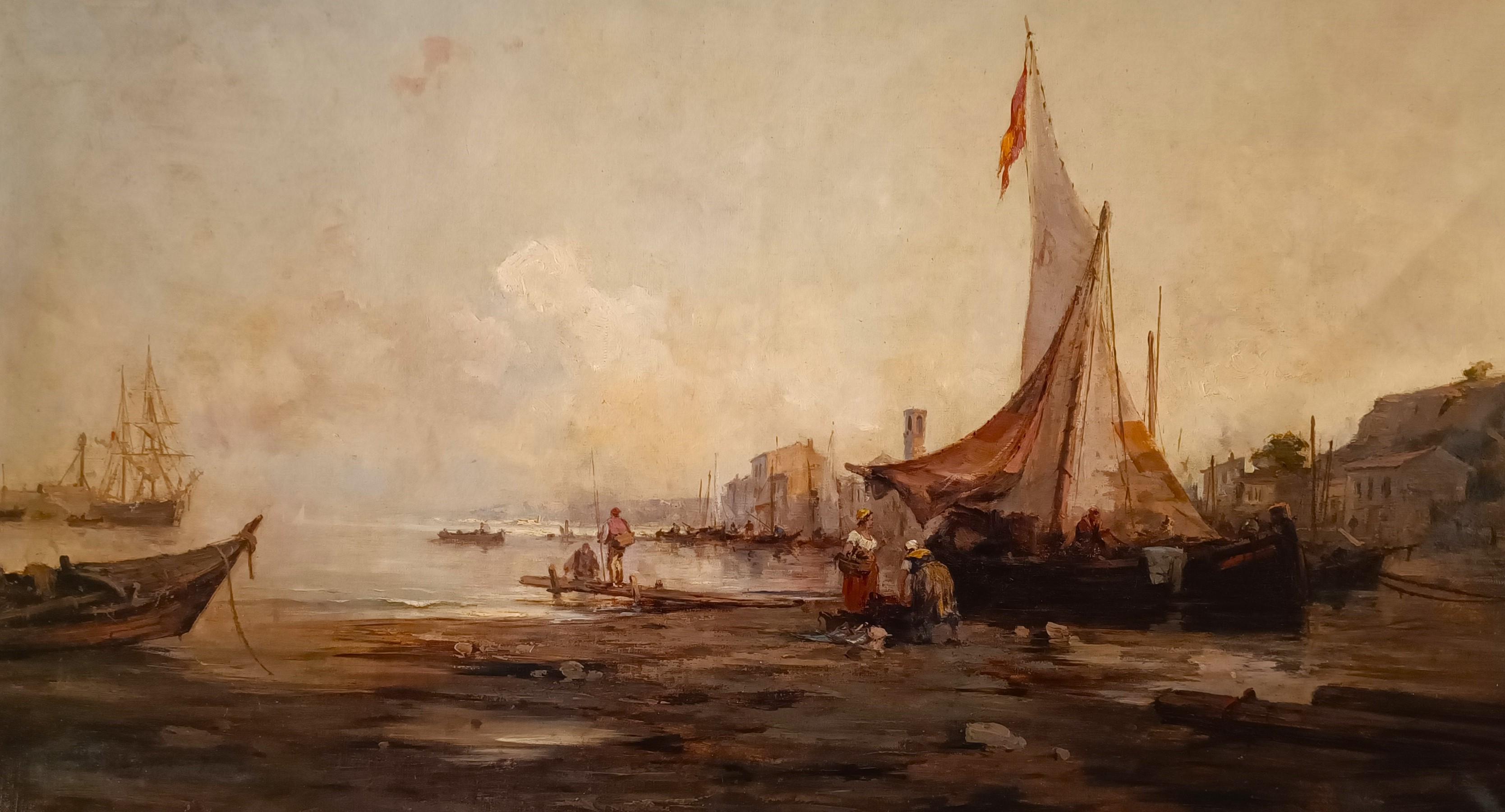 Oil on canvas Marina with Lagoon of Venice dated 1877 Italian school For Sale 4