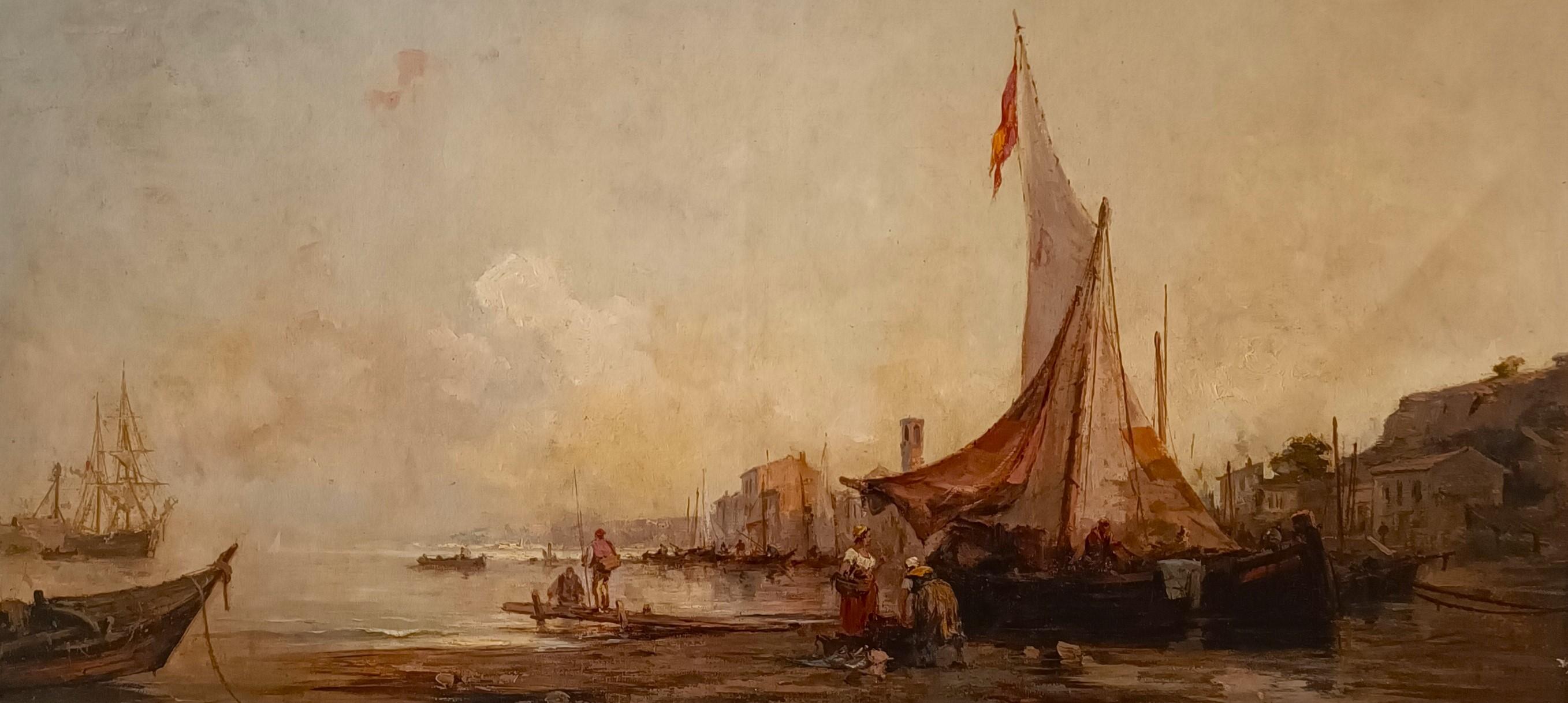 Oil on canvas Marina with Lagoon of Venice dated 1877 Italian school For Sale 5