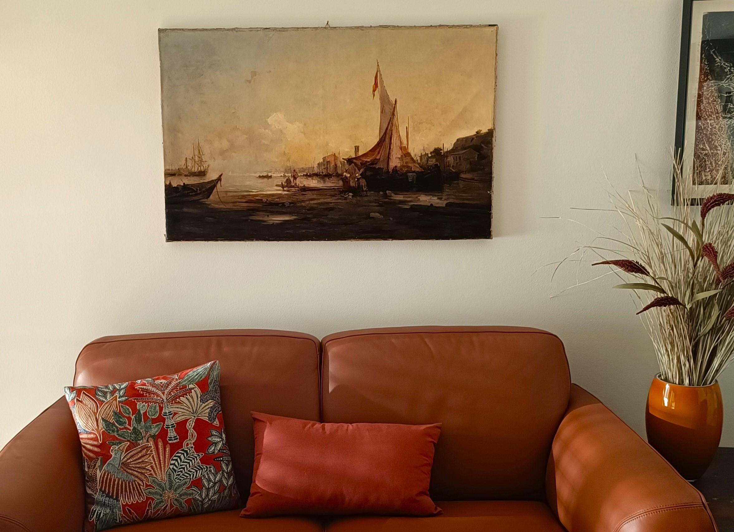 Oil on canvas Marina with Lagoon of Venice dated 1877 Italian school For Sale 6