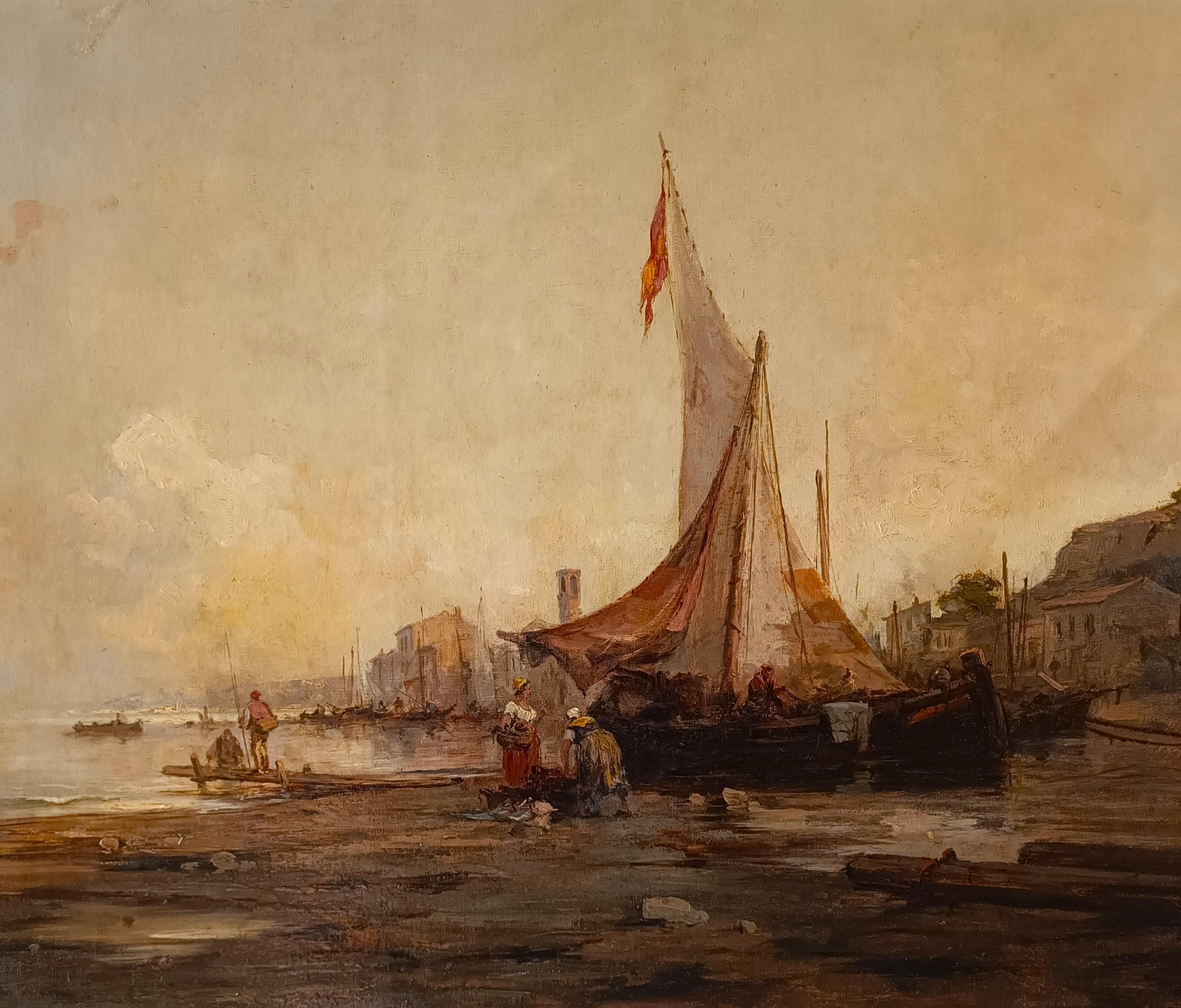 Baroque Oil on canvas Marina with Lagoon of Venice dated 1877 Italian school For Sale