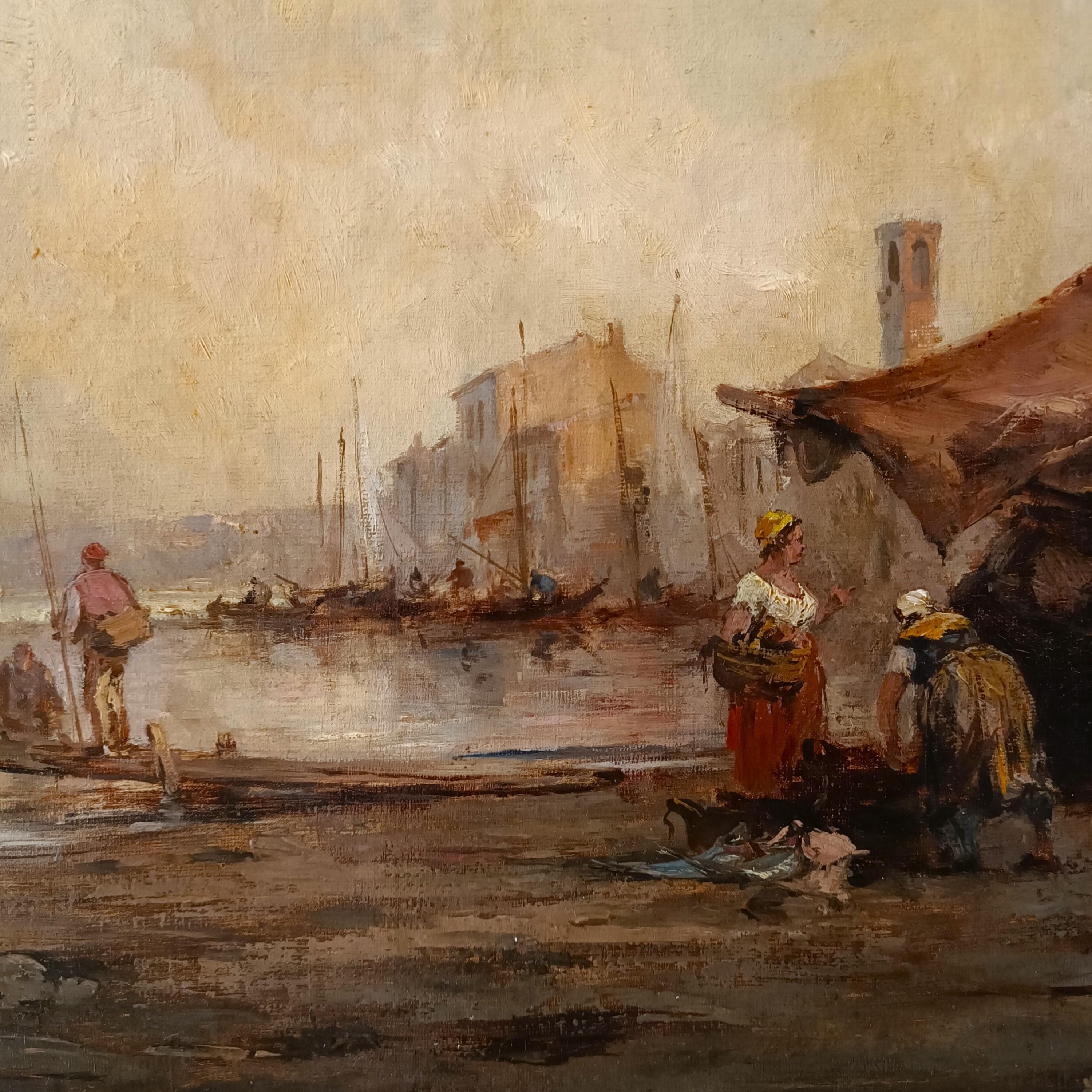 Oiled Oil on canvas Marina with Lagoon of Venice dated 1877 Italian school For Sale