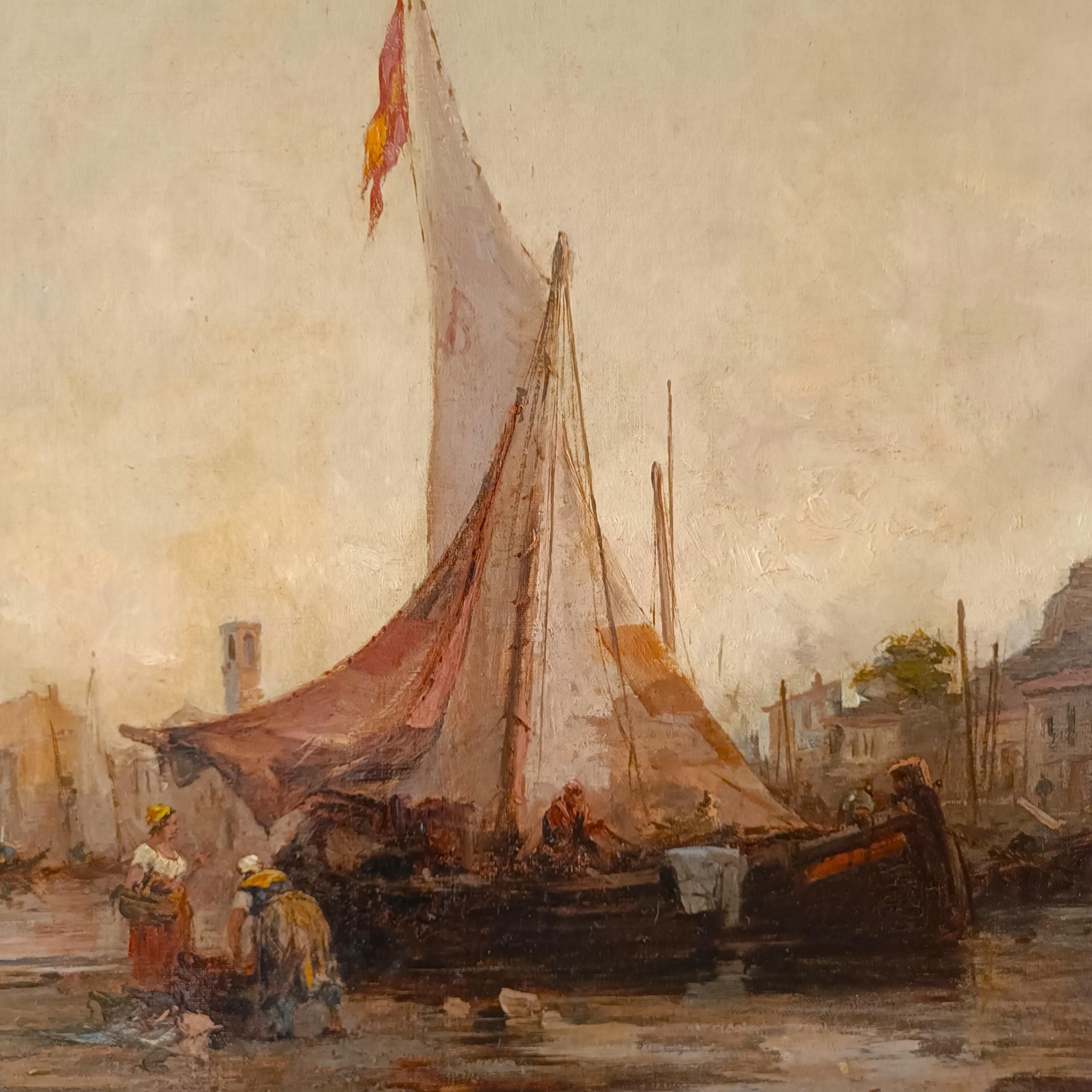 Oil on canvas Marina with Lagoon of Venice dated 1877 Italian school In Excellent Condition For Sale In Villa Verucchio, Emilia-Romagna