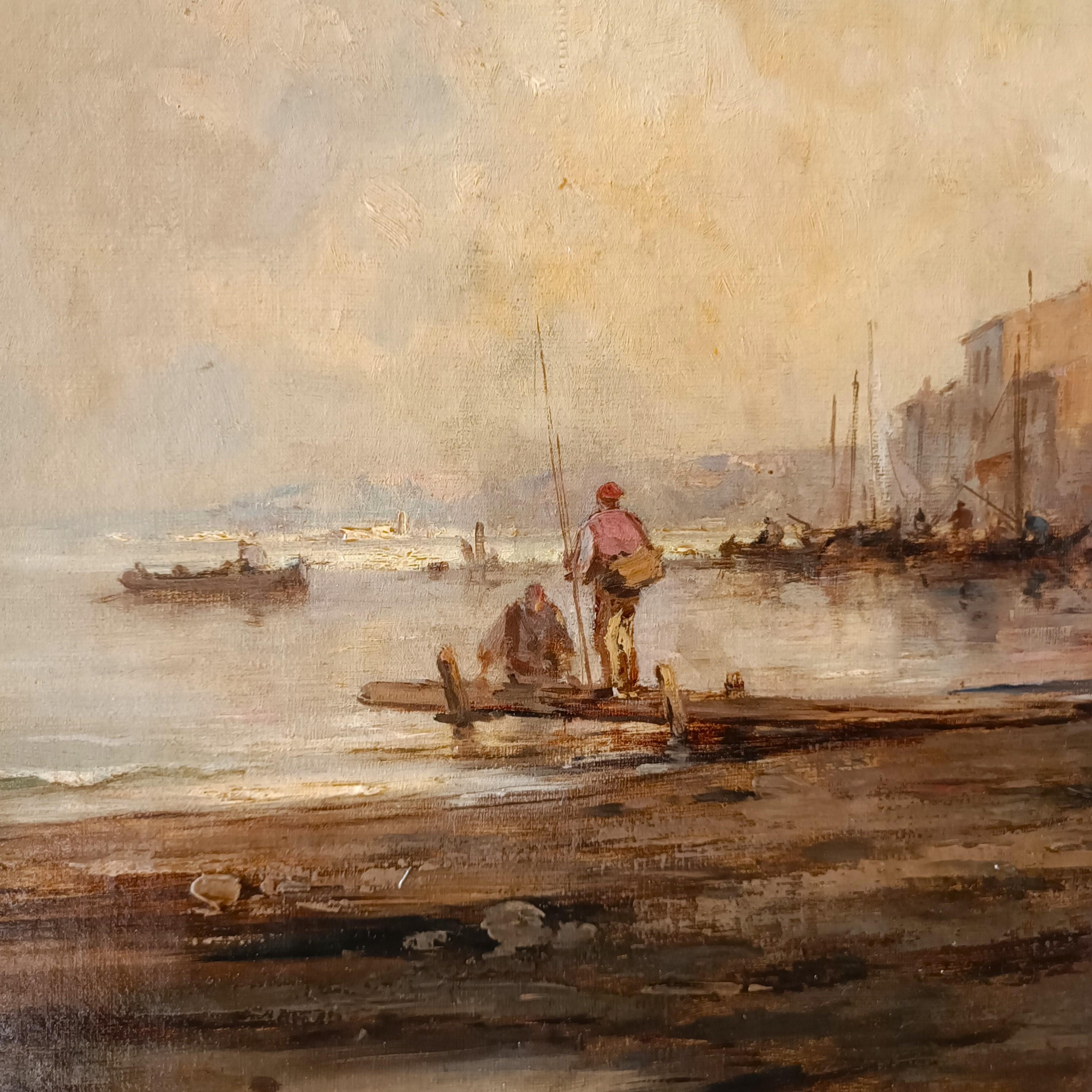 Late 19th Century Oil on canvas Marina with Lagoon of Venice dated 1877 Italian school For Sale