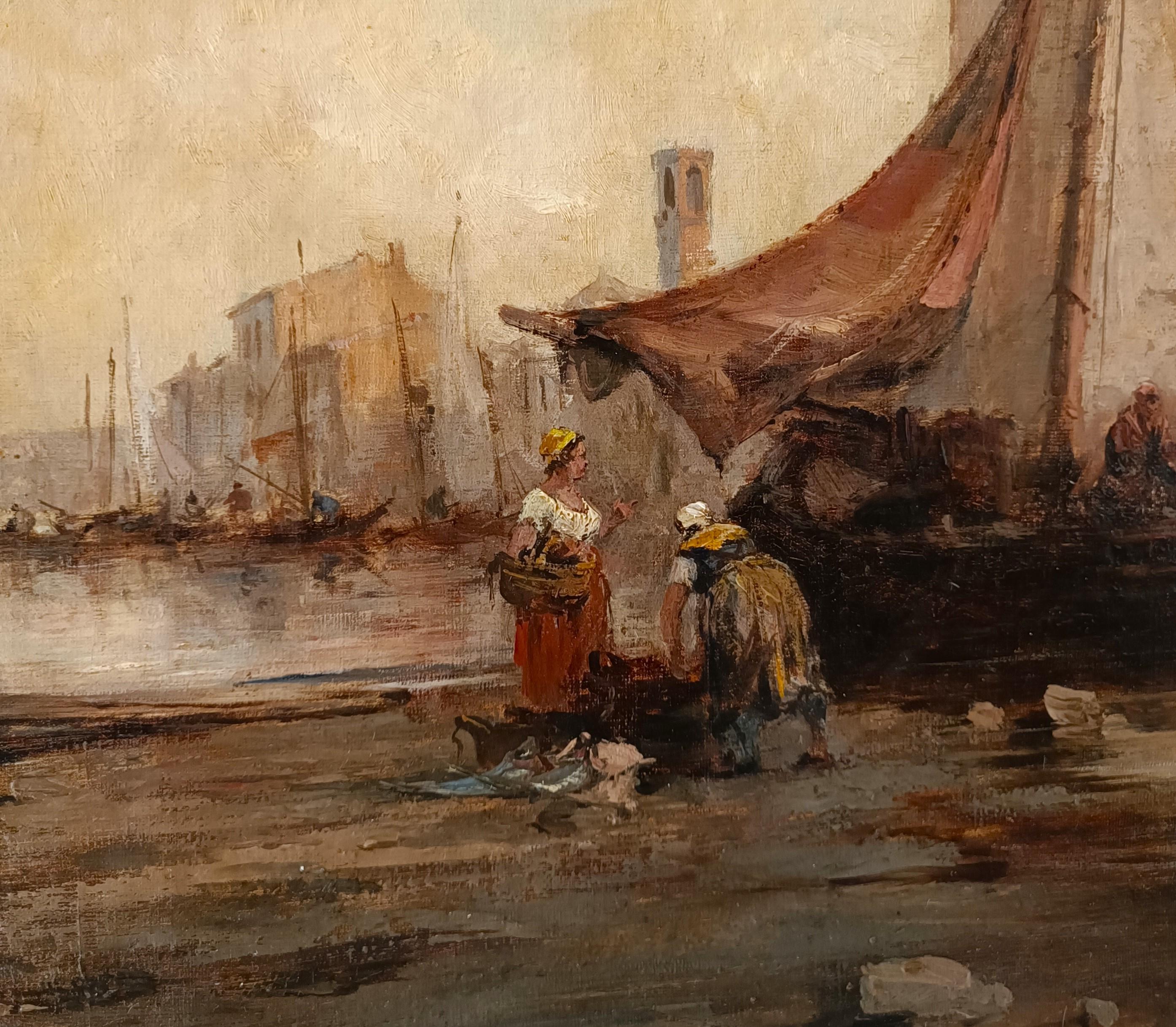 Canvas Oil on canvas Marina with Lagoon of Venice dated 1877 Italian school For Sale