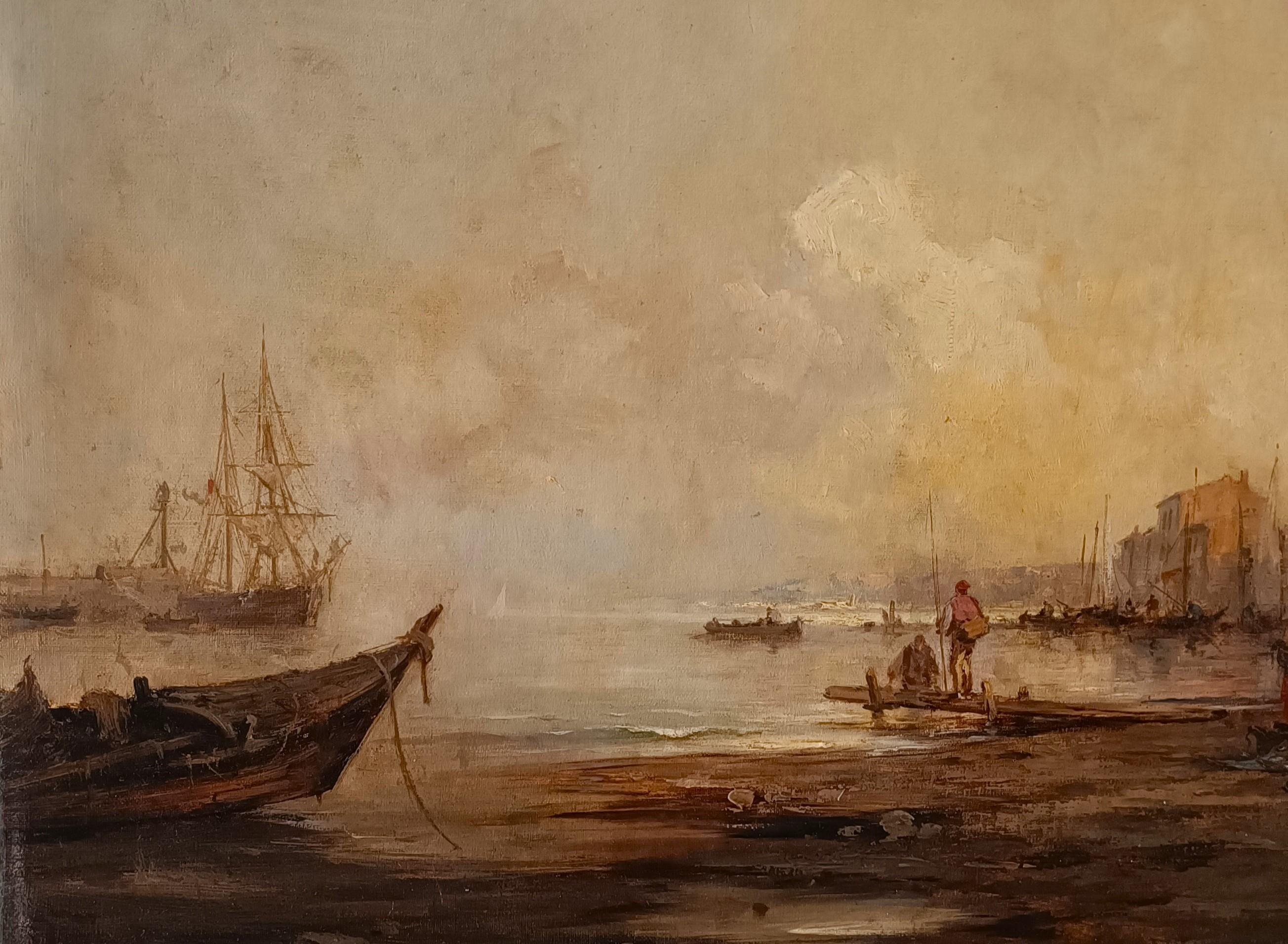 Oil on canvas Marina with Lagoon of Venice dated 1877 Italian school For Sale 1