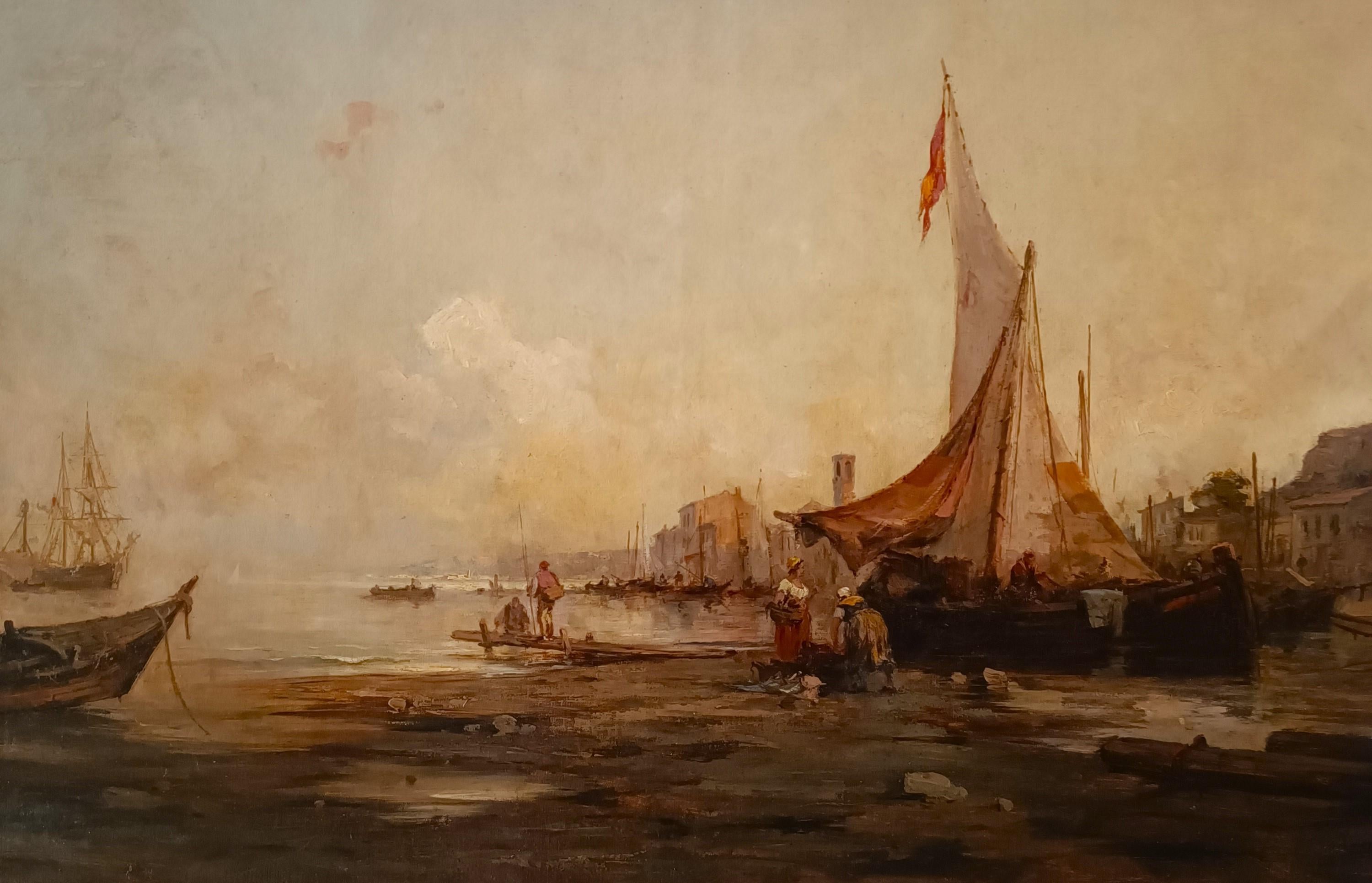 Oil on canvas Marina with Lagoon of Venice dated 1877 Italian school For Sale 2