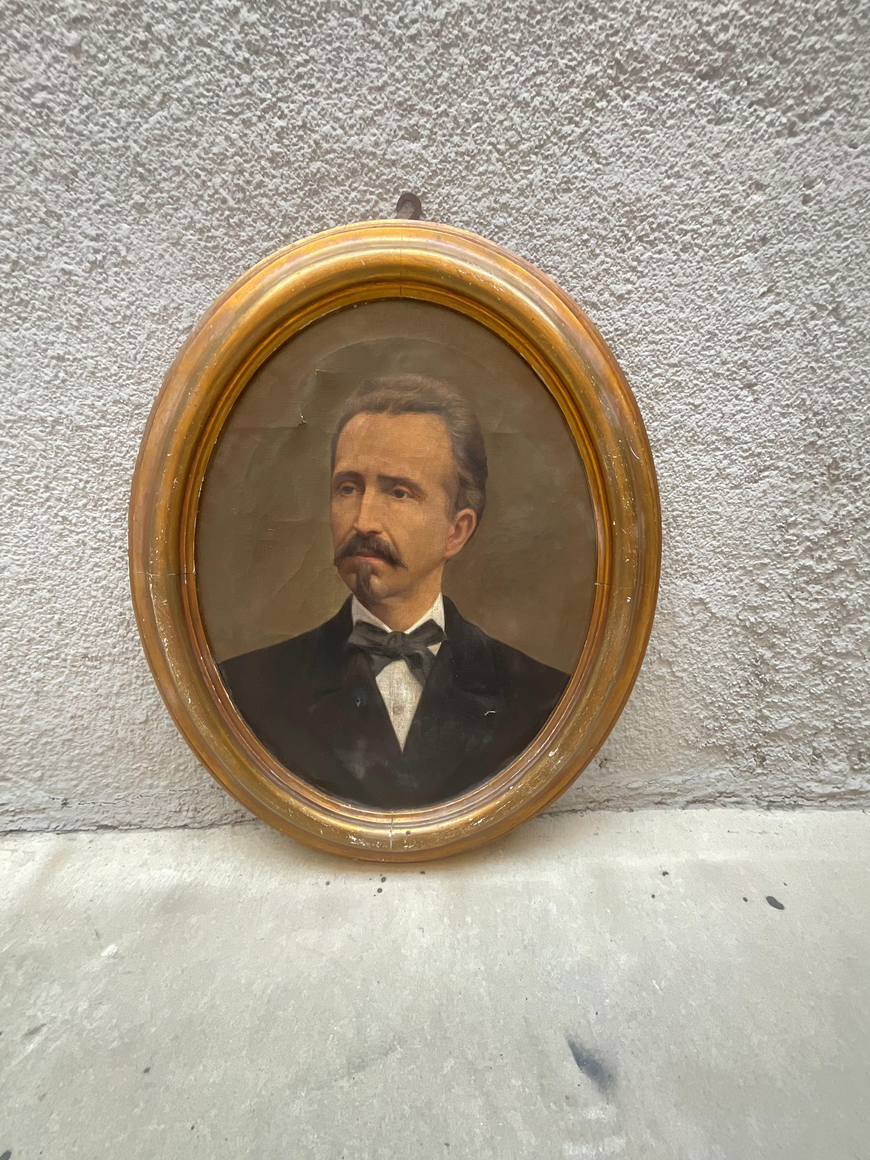 Folk Art Oil on canvas depicting gentleman - gold leaf wood frame - ITALY 1910. For Sale