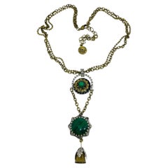 OLIPOP signed vintage gold silver tone chain malachite designer long necklace