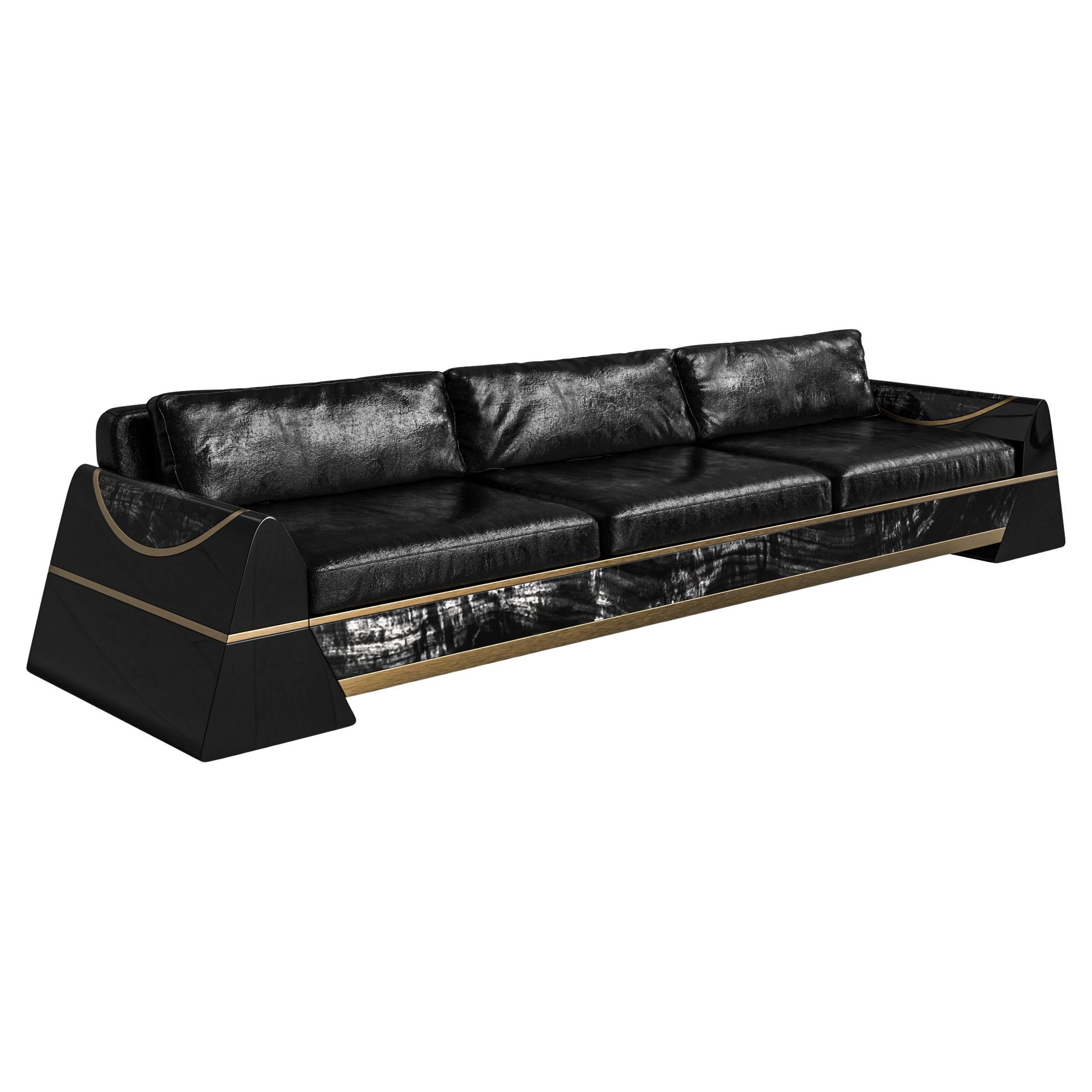 Sofá "Oliva" con pátina de bronce, acero inoxidable y eucalipto, hecho a mano, Estambul