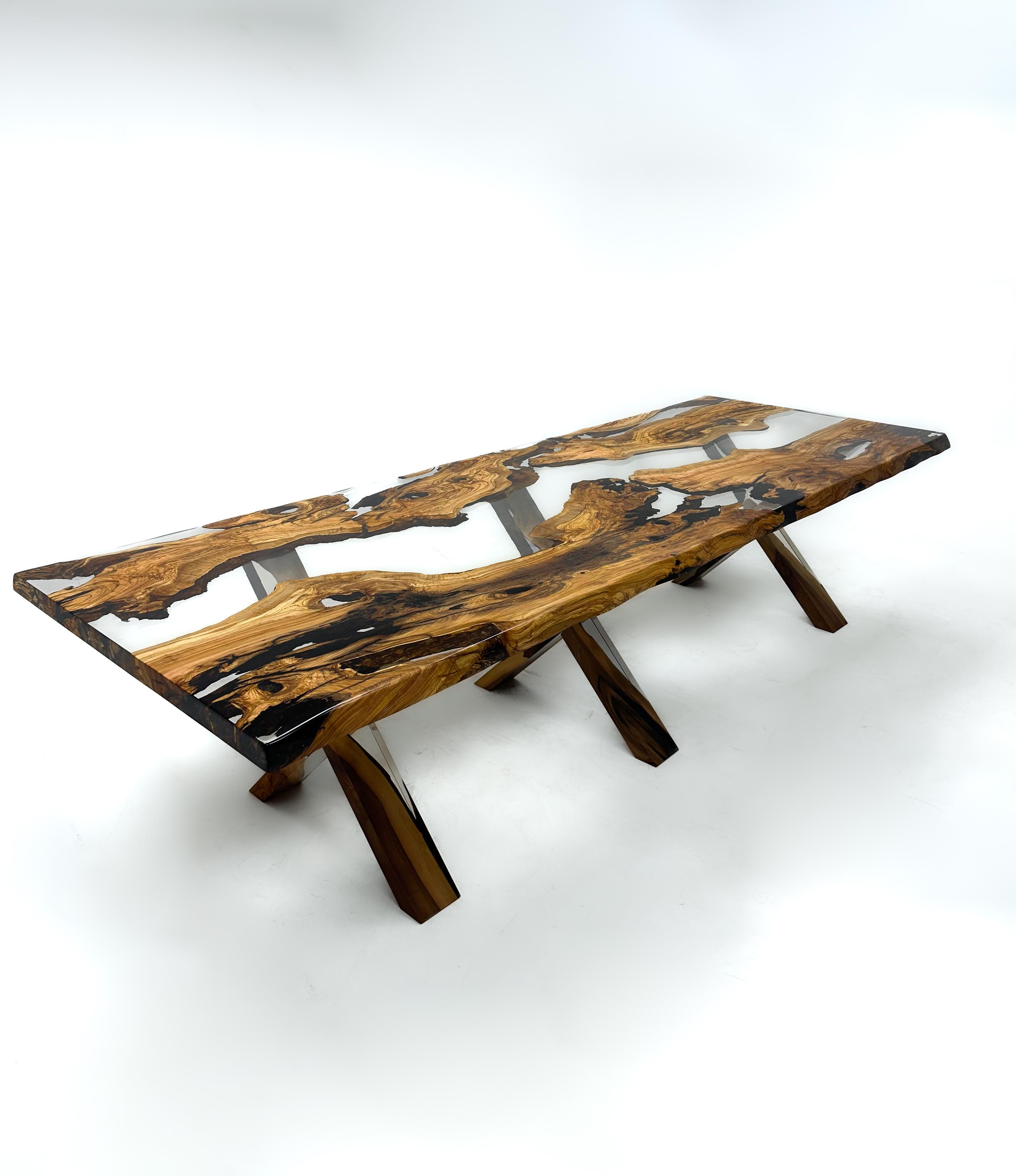 Scandinavian Modern Olive 100% Natural Wood Epoxy Resin River Dining Table - Custom Epoxy Table For Sale