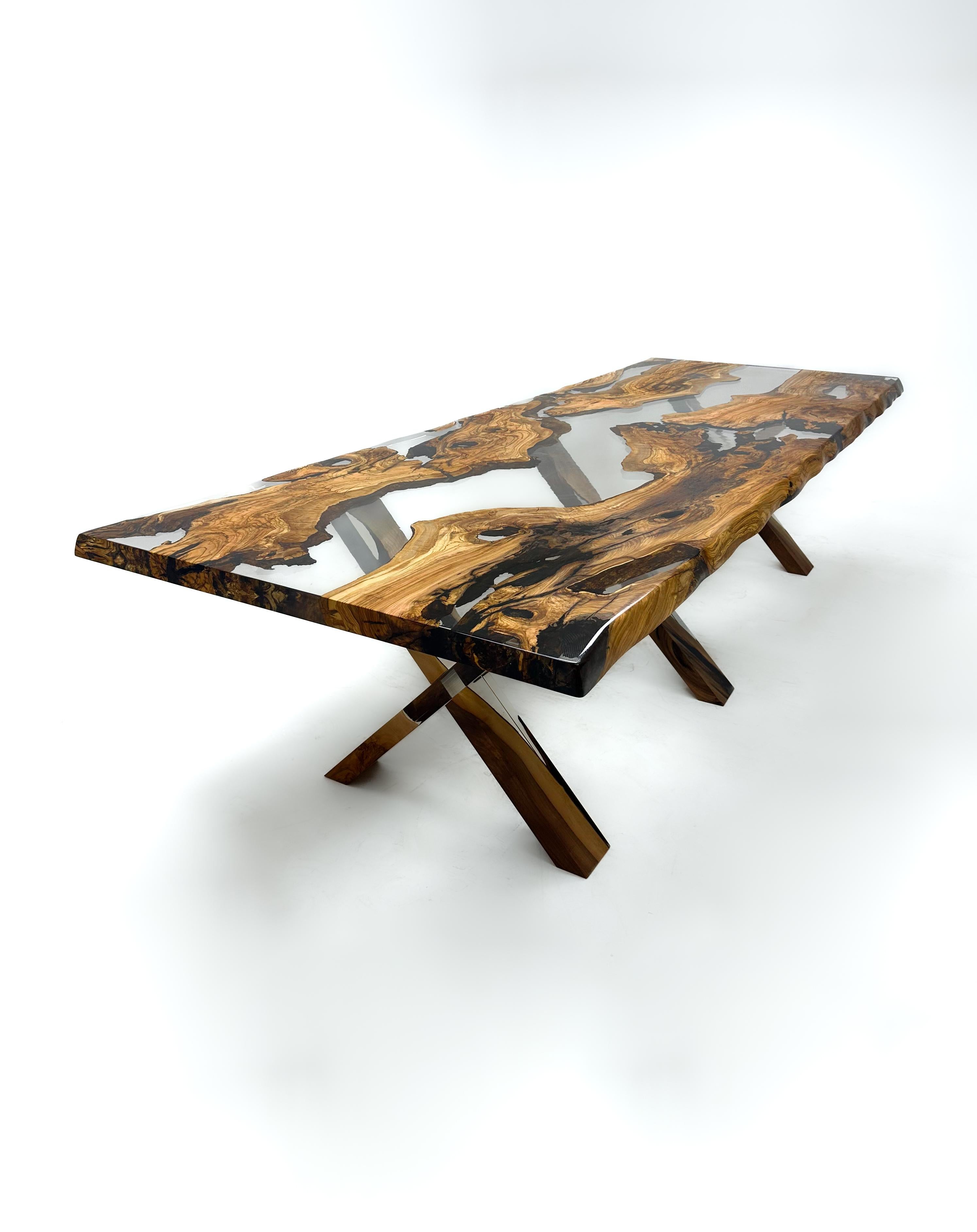 Turkish Olive 100% Natural Wood Epoxy Resin River Dining Table - Custom Epoxy Table For Sale