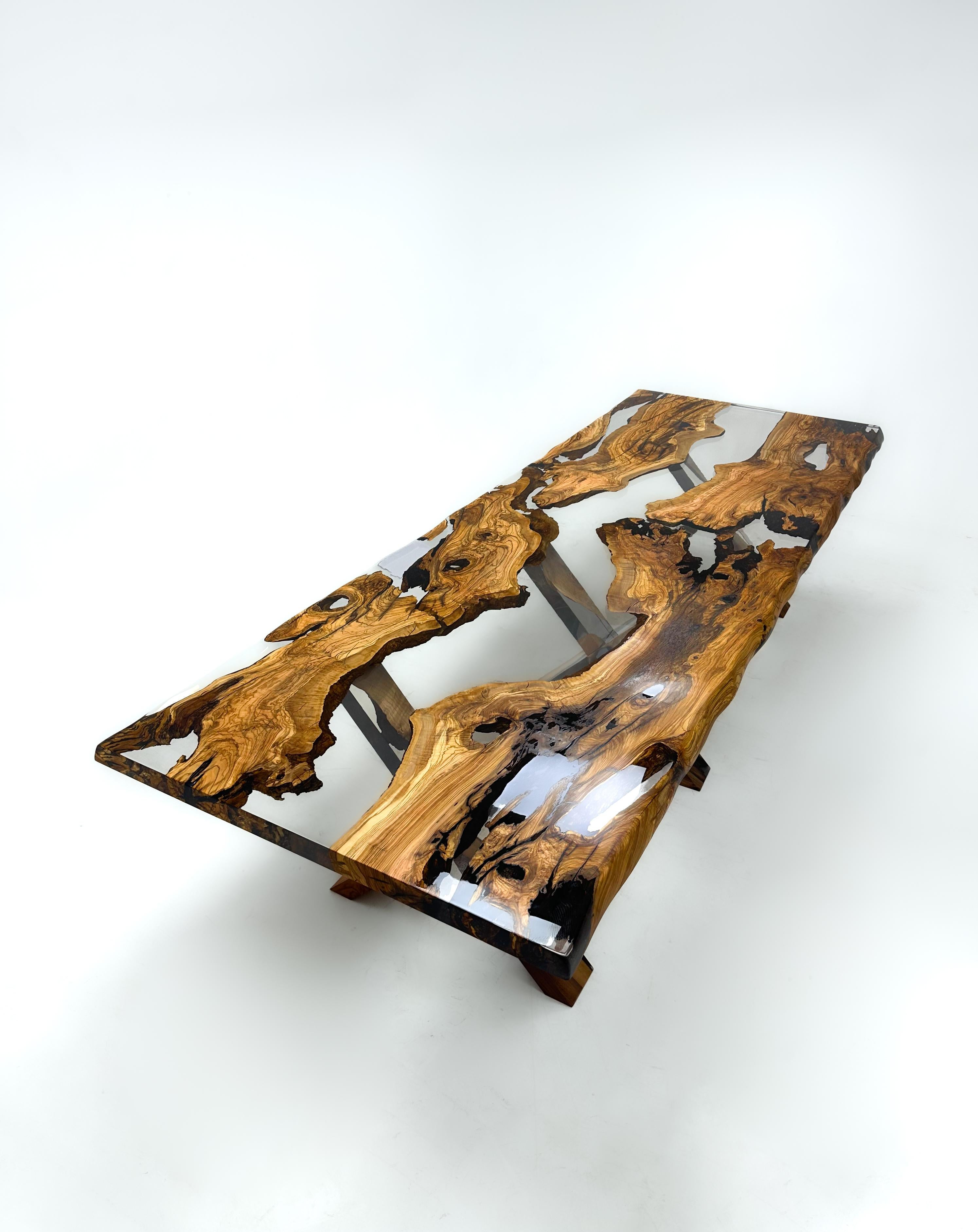 Brushed Olive 100% Natural Wood Epoxy Resin River Dining Table - Custom Epoxy Table For Sale