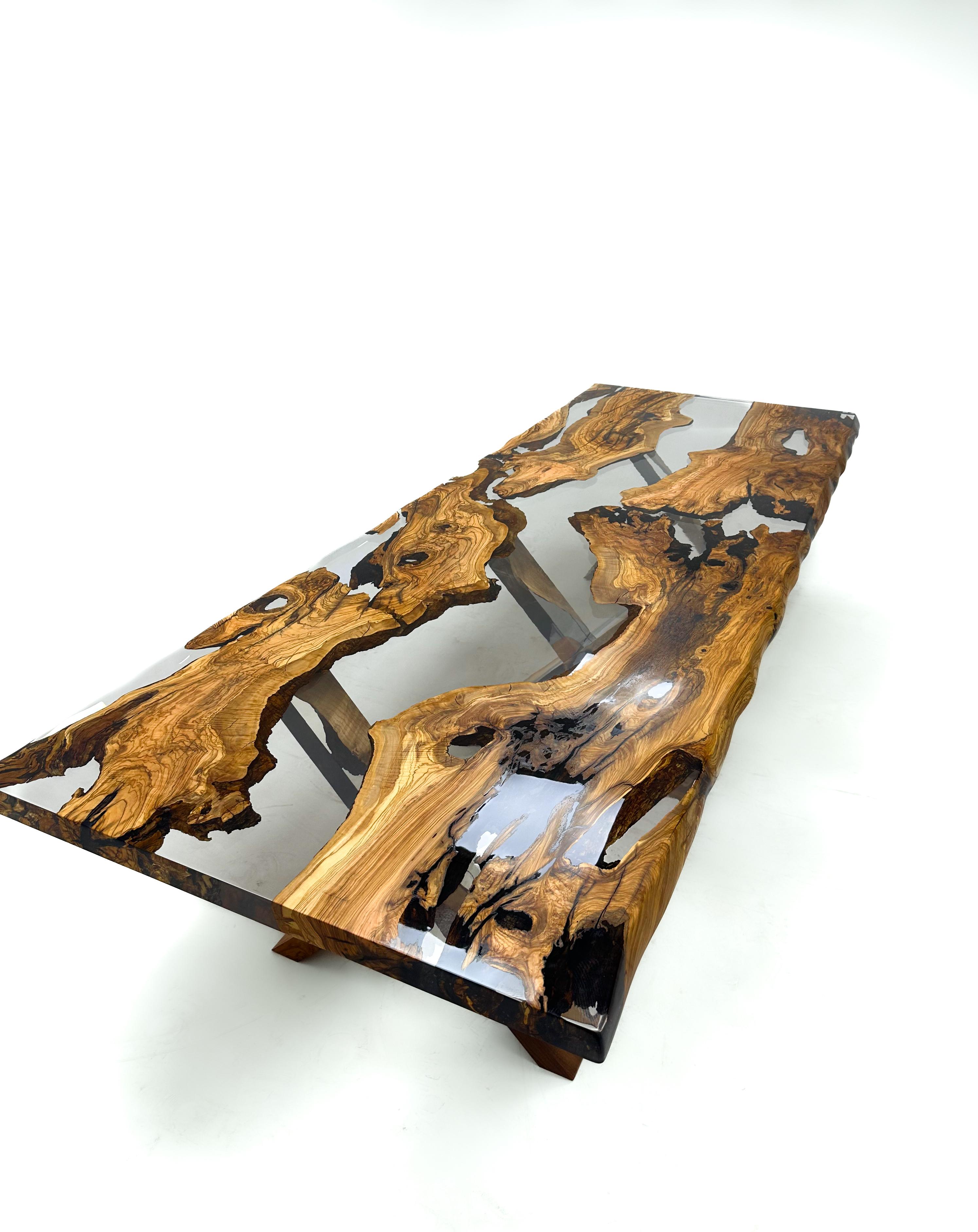 Contemporary Olive 100% Natural Wood Epoxy Resin River Dining Table - Custom Epoxy Table For Sale