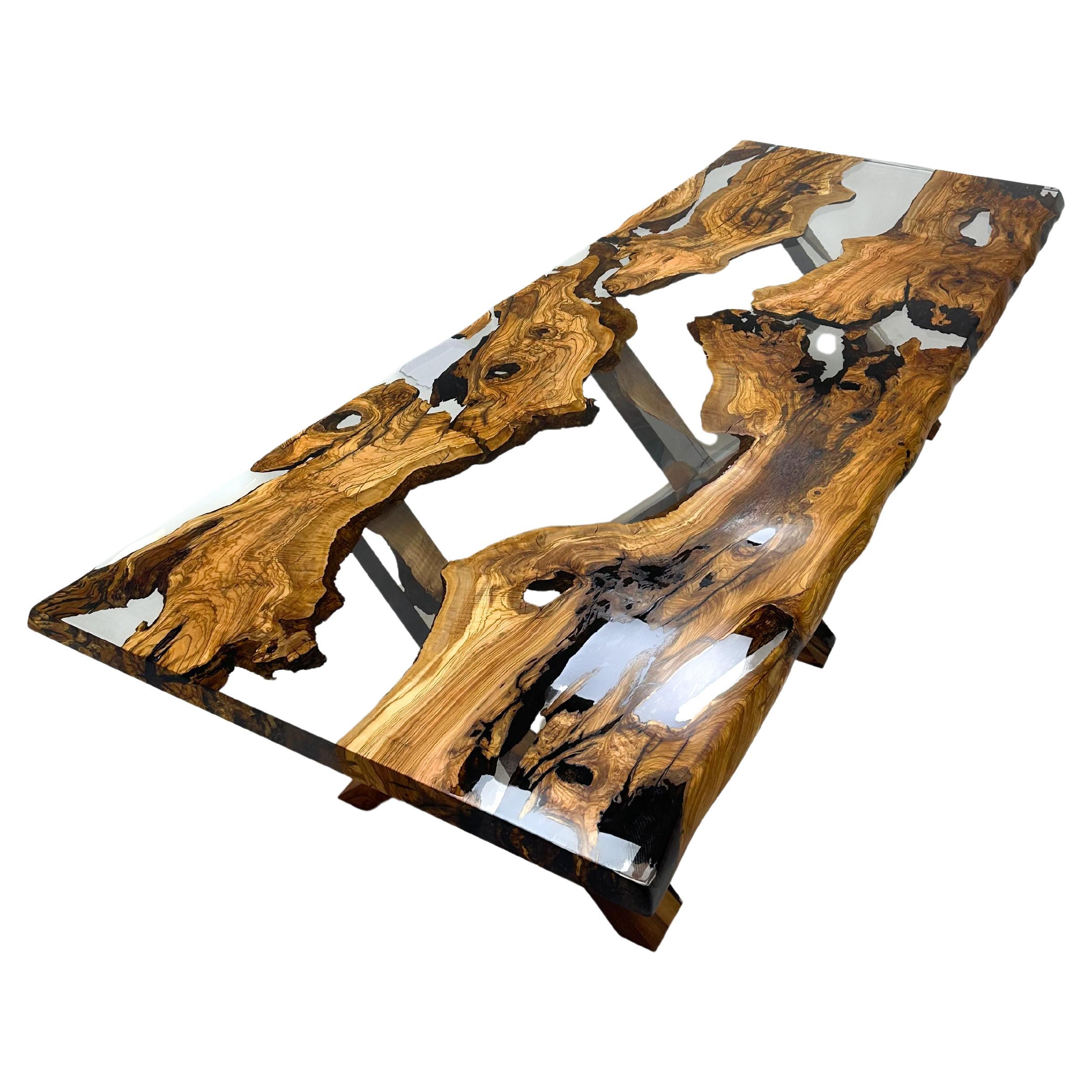 Mesa de comedor de río en resina epoxi 100% madera natural de olivo - Mesa epoxi a medida