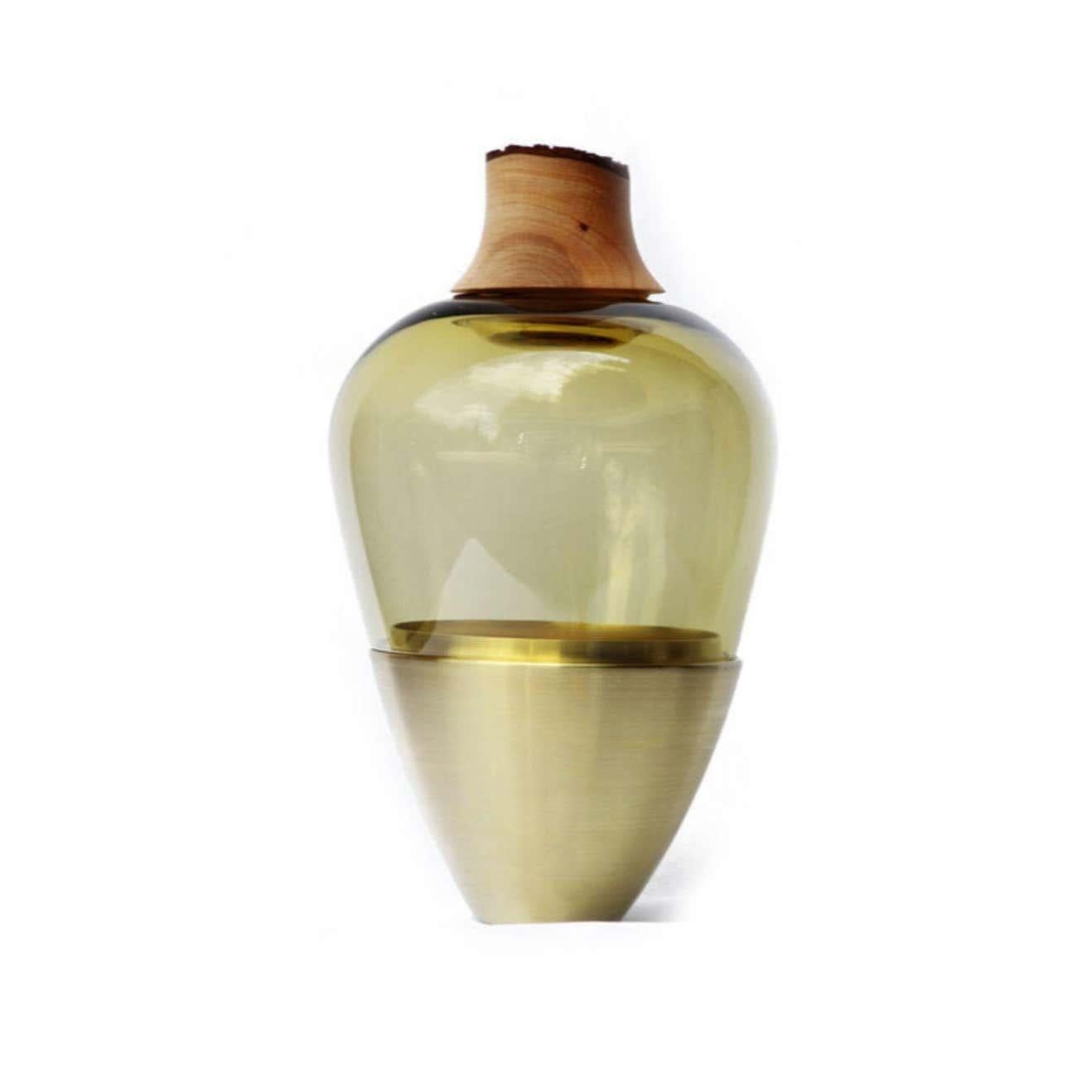 German Olive and Brass Sculpted Blown Glass, Pia Wüstenberg