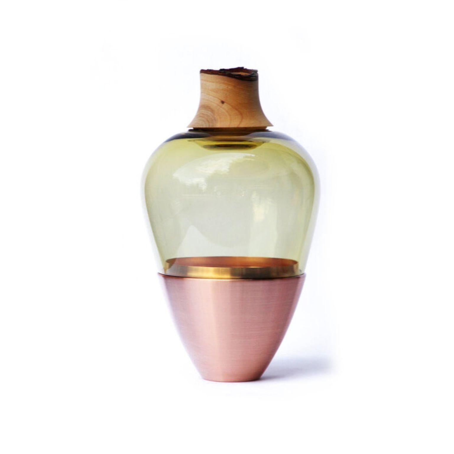 Olive and copper sculpted blown glass, Pia Wüstenberg
Dimensions: Height 20 x diameter 38cm
Materials: Hand blown glass, copper

Pia Wüstenberg, Utopia
Pia Wüstenberg is a creative with a passion for materials and craft. She graduated from the