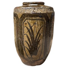 Antique Olive And Gold Barrel Shaped Vase, China, 19th Century