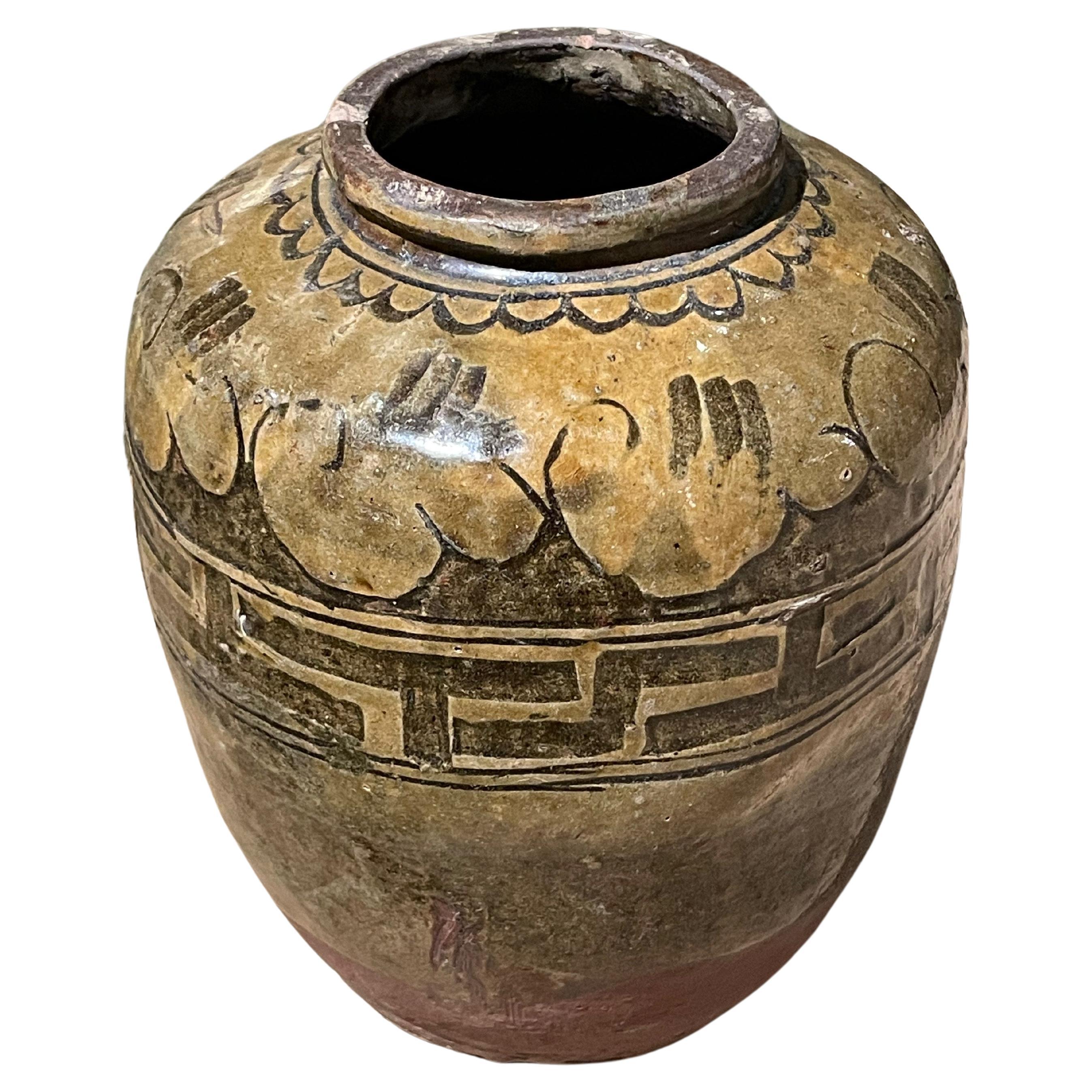 Olive And Gold Glazed Barrel Shaped Vase, China, 19th Century For Sale