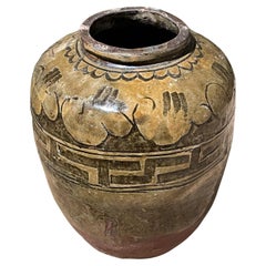 Used Olive And Gold Glazed Barrel Shaped Vase, China, 19th Century