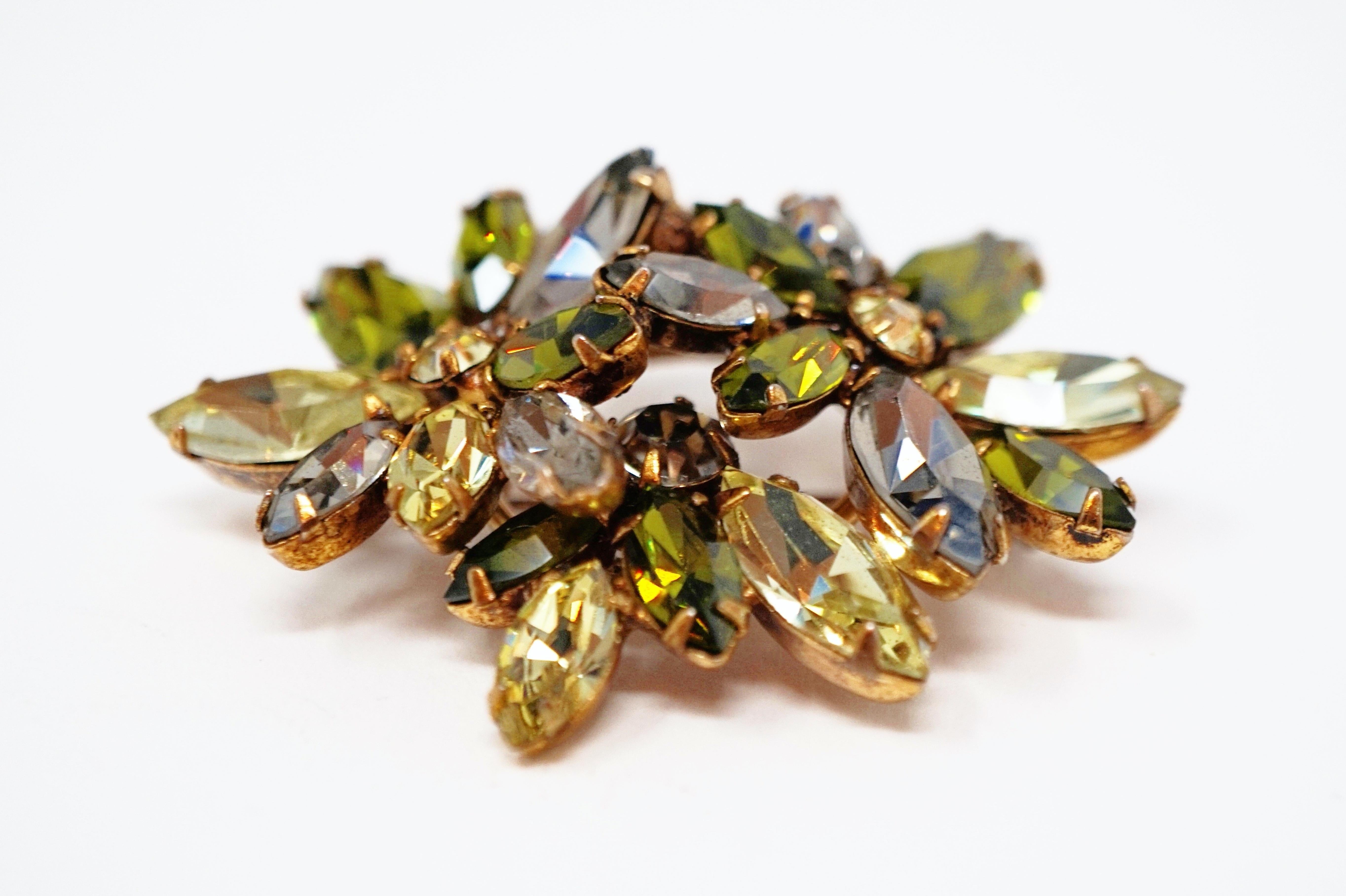 Modern Olive and Moss Green Rhinestone Floral Motif Brooch by Regency, circa 1950s