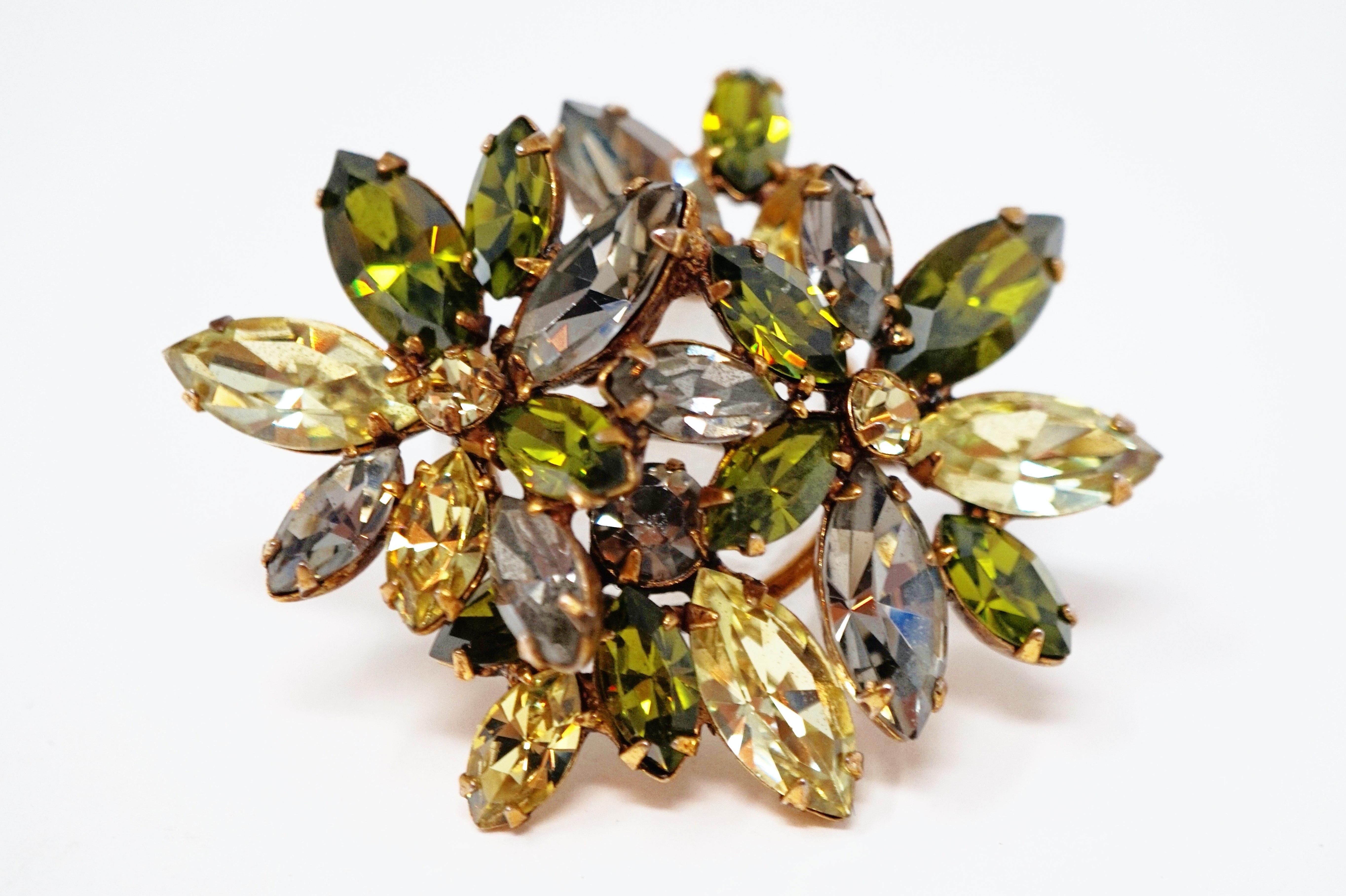 Olive and Moss Green Rhinestone Floral Motif Brooch by Regency, circa 1950s In Good Condition In McKinney, TX