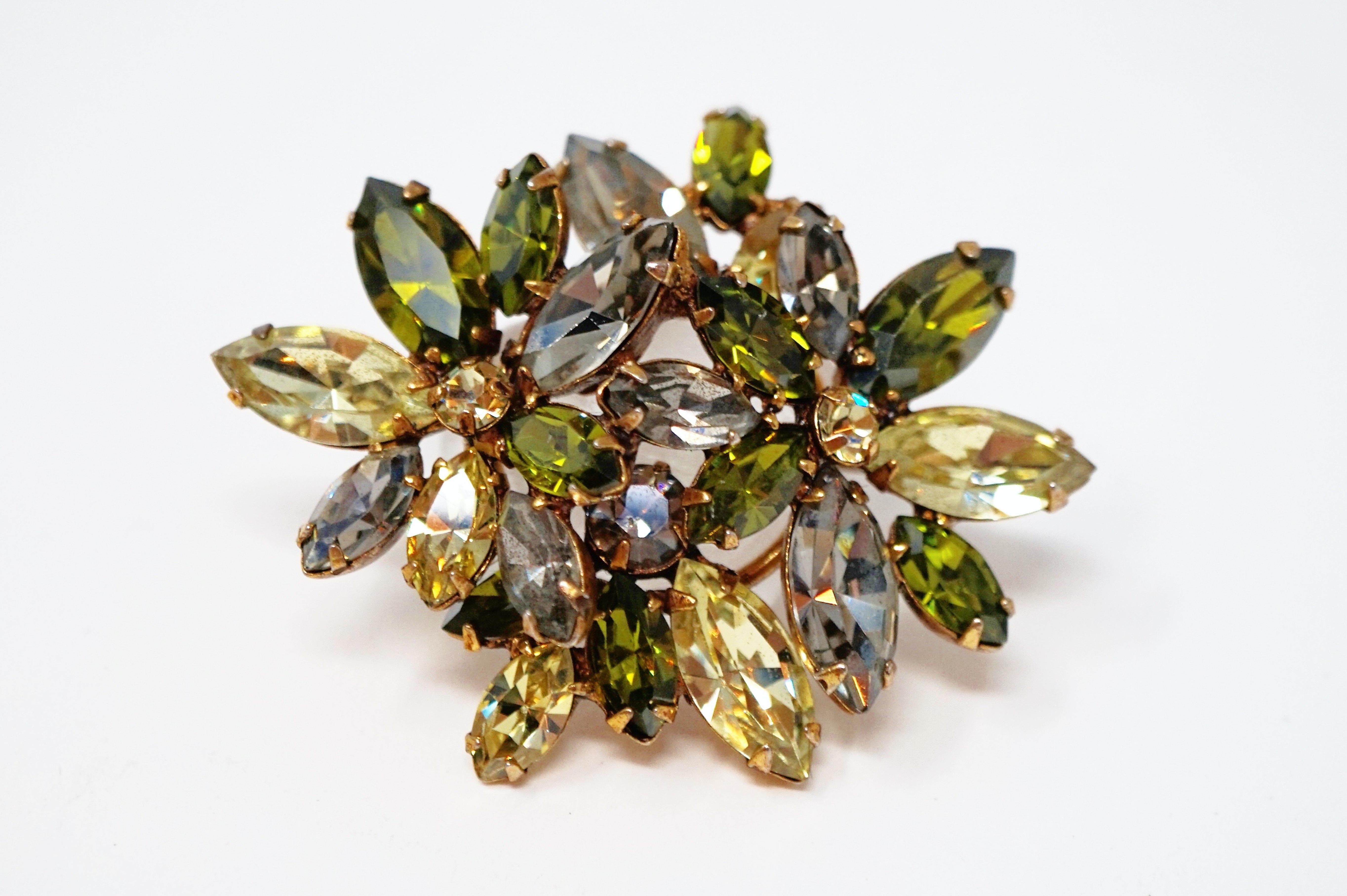 Women's Olive and Moss Green Rhinestone Floral Motif Brooch by Regency, circa 1950s