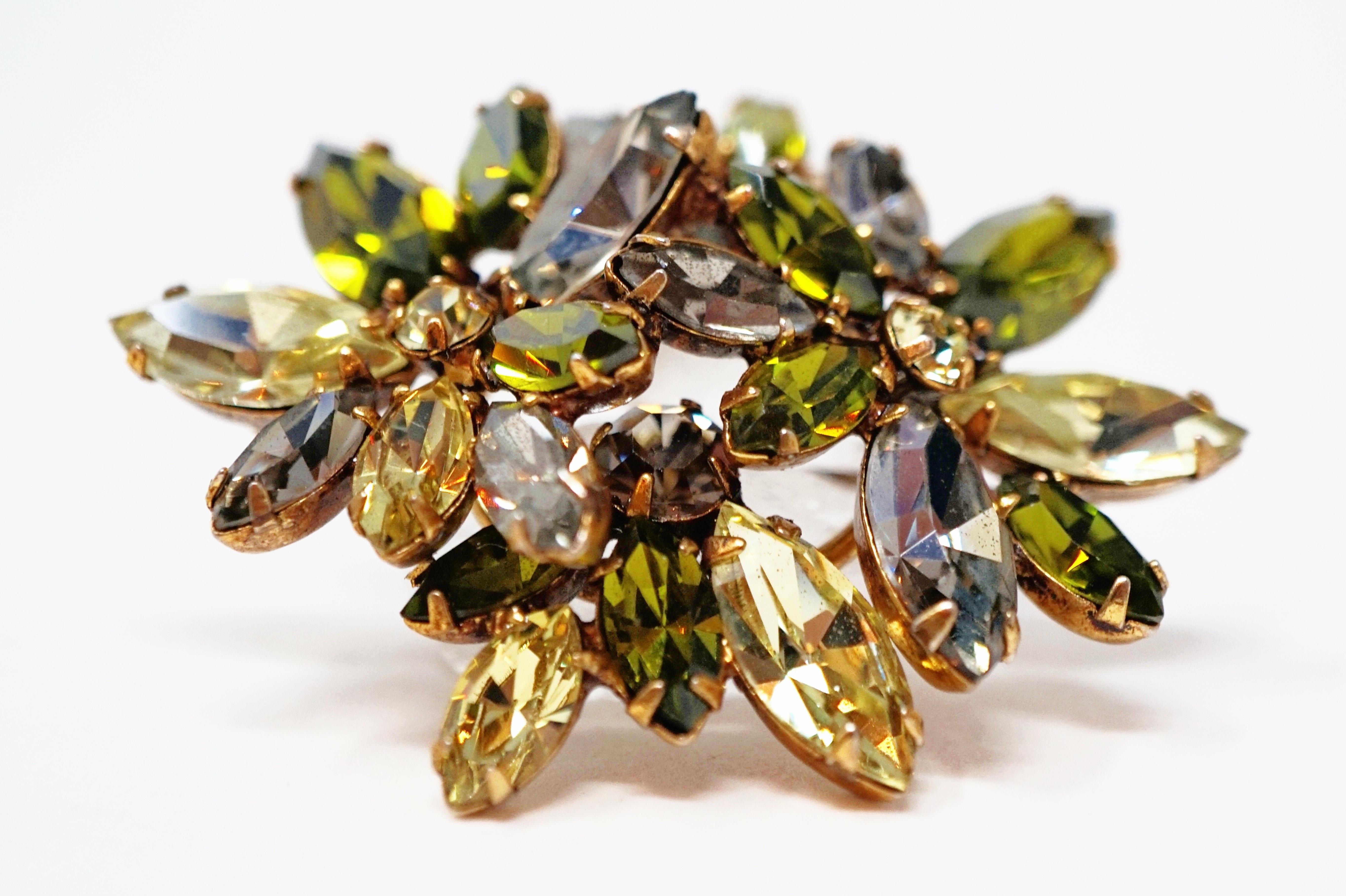 Olive and Moss Green Rhinestone Floral Motif Brooch by Regency, circa 1950s 1