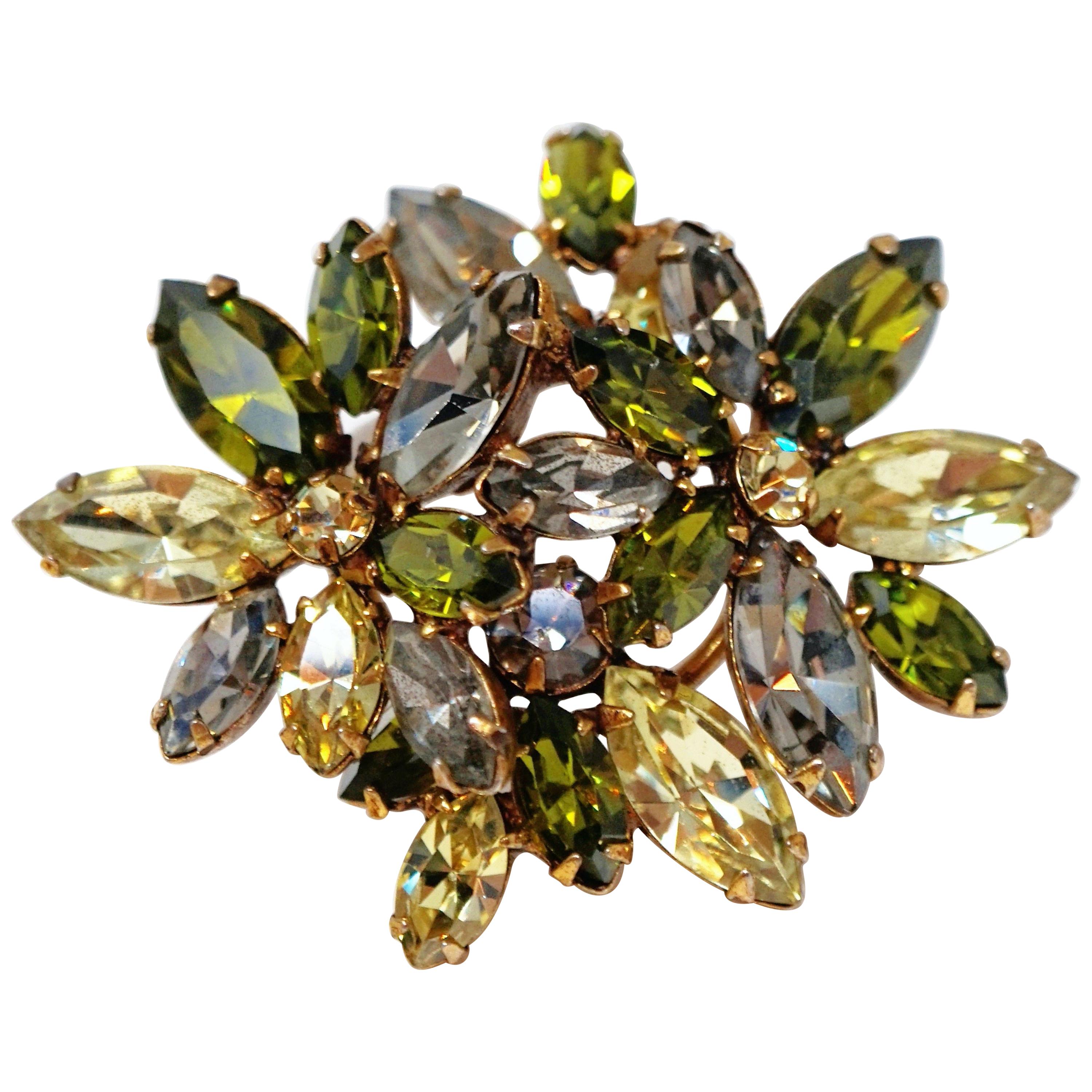 Olive and Moss Green Rhinestone Floral Motif Brooch by Regency, circa 1950s