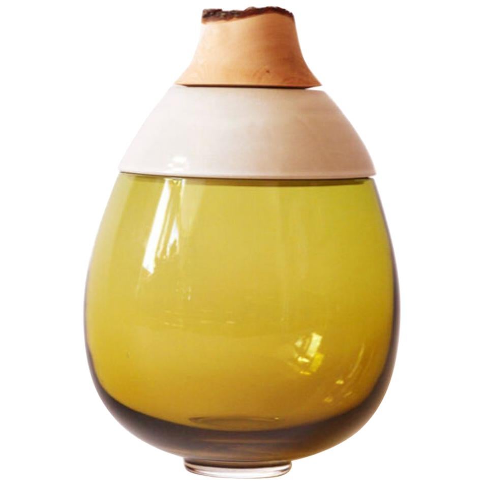 Olive and White Sculpted Blown Glass and Ceramic Lilith Vessel , Pia Wüstenberg