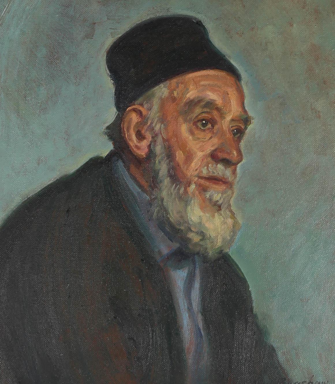 This delightful portrait depicts a man called Albert Bateson, a frequent sitter for Bagshaw in the late 1960's and 70's. In this study she captures him against a blue background looking into the distance with a thoughtful expression. Signed and