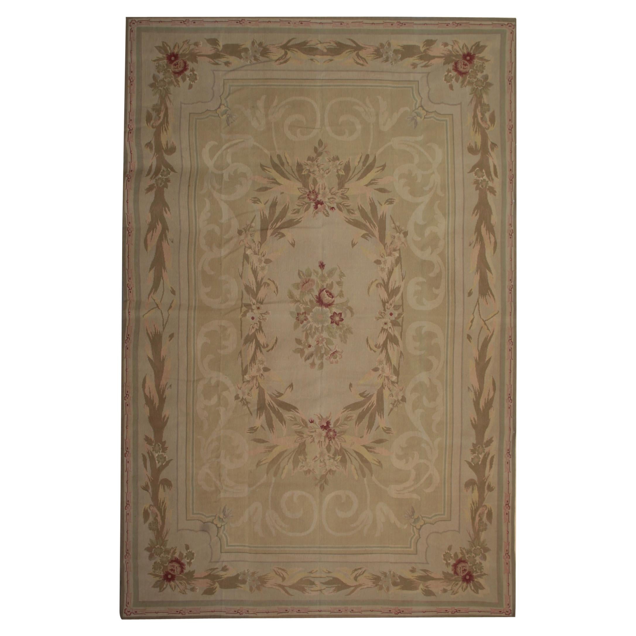 Beige Handmade Rug, Patterned Floor Area Aubusson Style Rugs, Flat-Weave Carpet